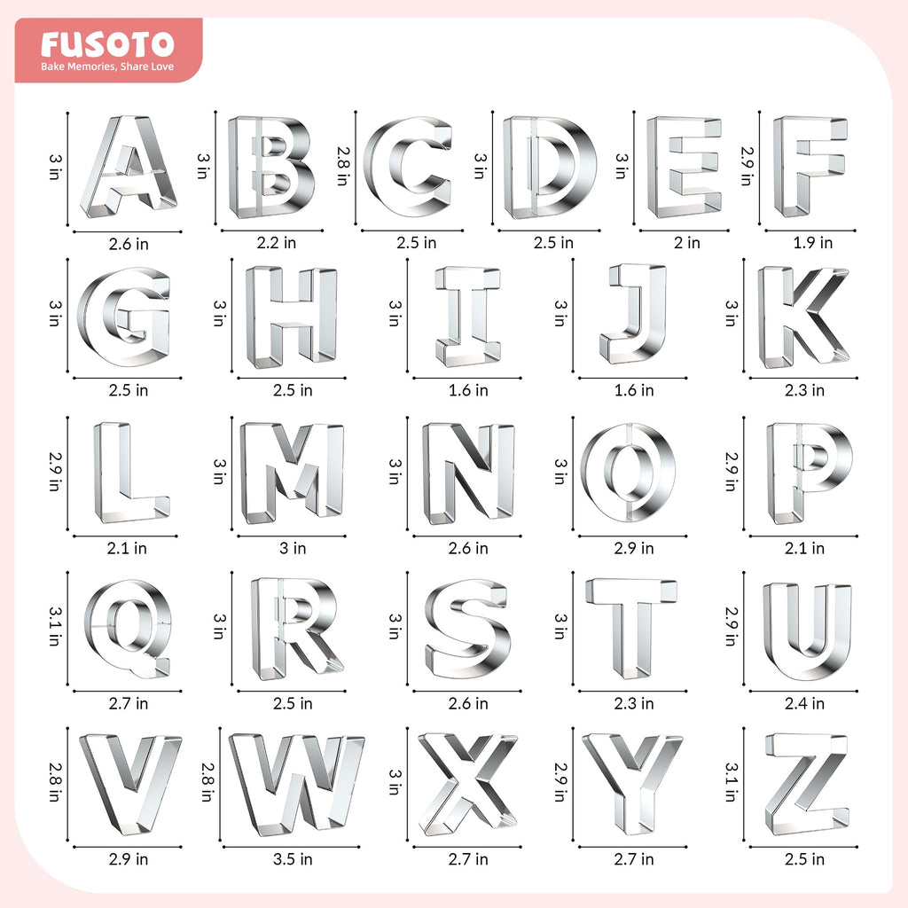 FUSOTO 26PCS Alphabet Letters Cookie Cutters Set, DIY Alphabet Cake&Cookie, Stainless Steel Cookie Cutters for Baking, Letters Shaped Baking Tool for Homemaking Biscuits, Cookie, Dough