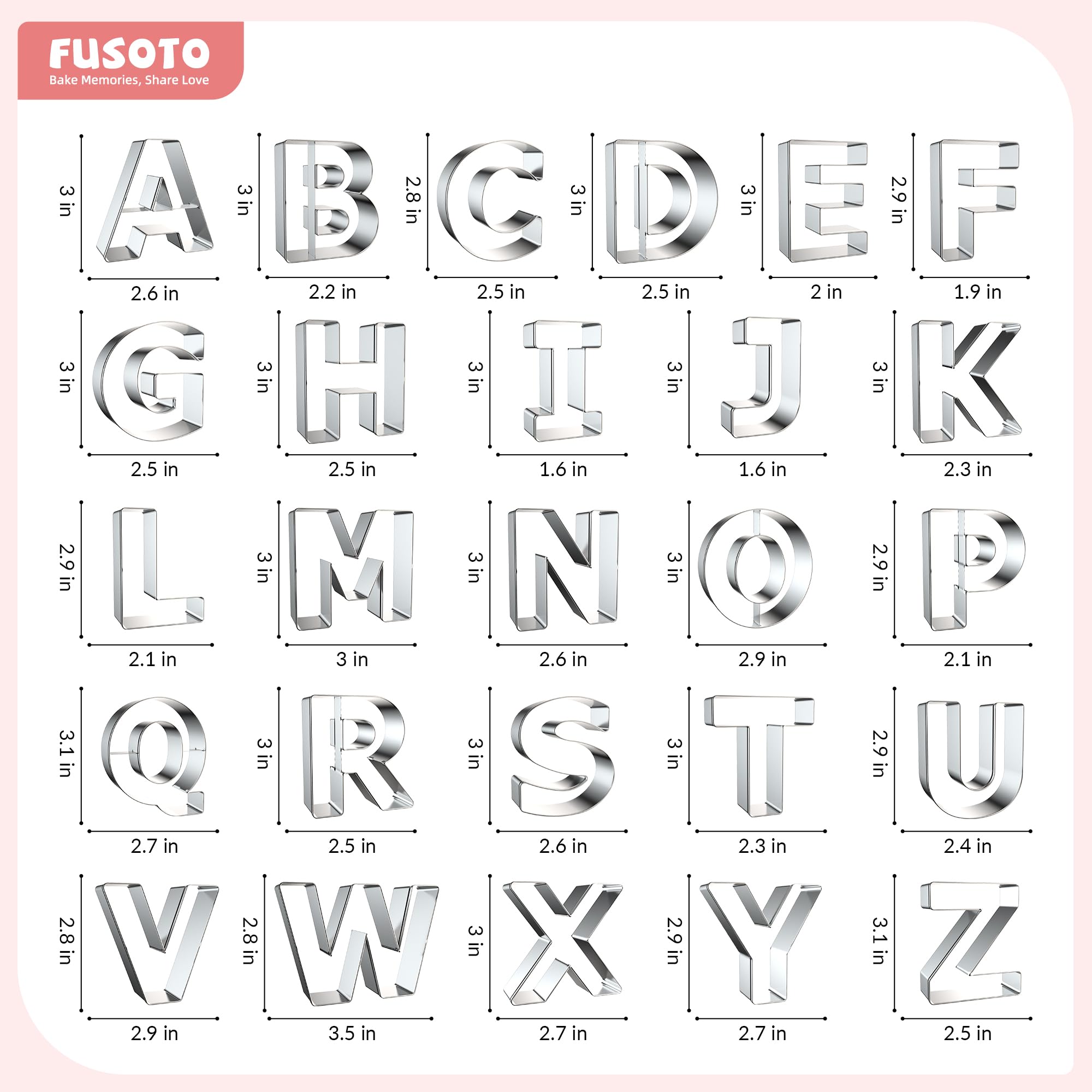 FUSOTO 26PCS Alphabet Letters Cookie Cutters Set, DIY Alphabet Cake&Cookie, Stainless Steel Cookie Cutters for Baking, Letters Shaped Baking Tool for Homemaking Biscuits, Cookie, Dough