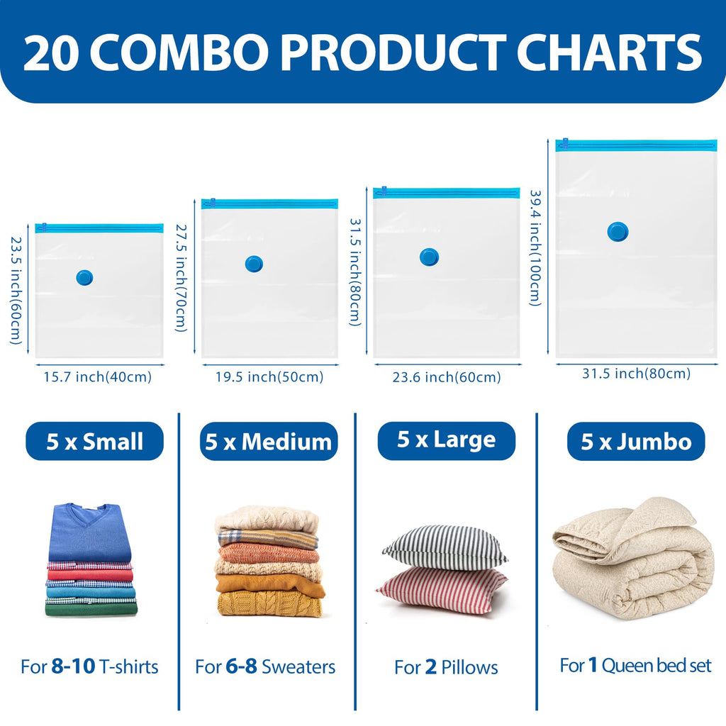 Vacuum Storage Bags 20 pack, Vacuum Bags for Travel Compression bag with Hand Pump, Vacuum Sealer Bags for Clothes, Luggage, Pillows, Blanket, Comforters, Space Saver Sealer Bags(5 S/5 M/5 L/5 Jumbo)