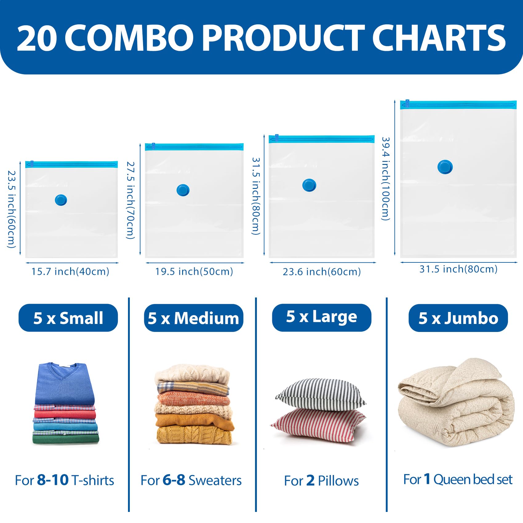 Vacuum Storage Bags 20 pack, Vacuum Bags for Travel Compression bag with Hand Pump, Vacuum Sealer Bags for Clothes, Luggage, Pillows, Blanket, Comforters, Space Saver Sealer Bags(5 S/5 M/5 L/5 Jumbo)