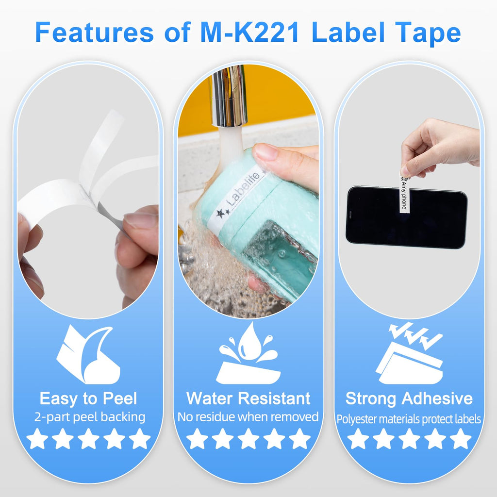 MK221 M-K221 PT-M95 Label Maker Tape 9mm Replace for Brother M Tape 9mm 3/8 0.35 White MK 221 Label Tape for Brother P Touch PT-90 PT-65 PT-M95 PT-70BM PT-45 PT-80, Black on White, 4 Pack