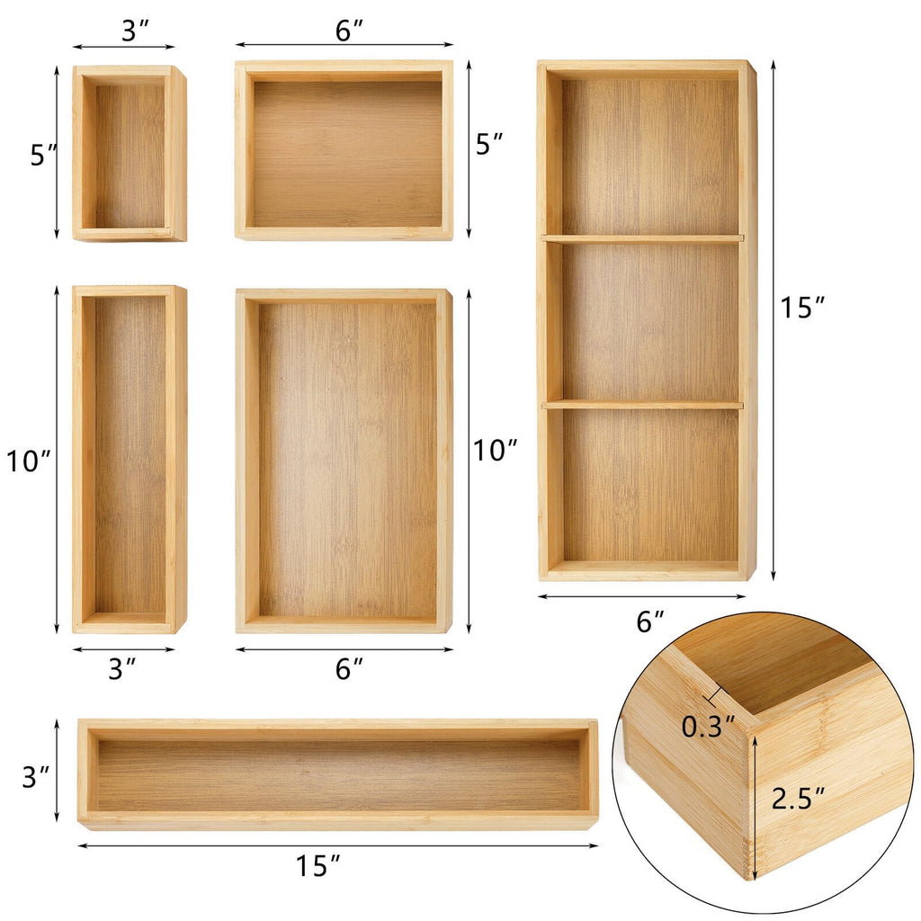 YOUEON Set of 6 Bamboo Drawer Organizers with Dividers Adjustable Multipurpose Storage Tray and Drawer Insert Box Bamboo Storage Boxes Divider Make-up Organiser for Home Office Kitchen Bedroom Desk