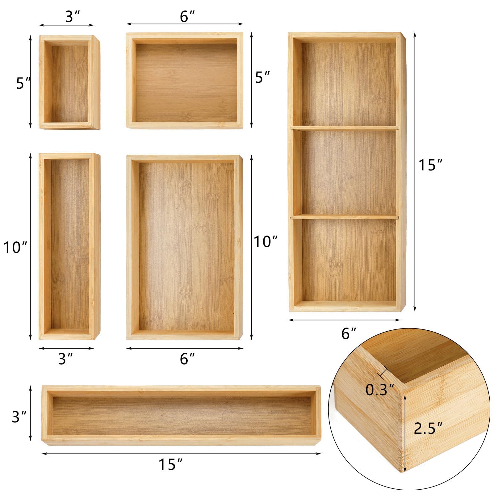 YOUEON Set of 6 Bamboo Drawer Organizers with Dividers Adjustable Multipurpose Storage Tray and Drawer Insert Box Bamboo Storage Boxes Divider Make-up Organiser for Home Office Kitchen Bedroom Desk