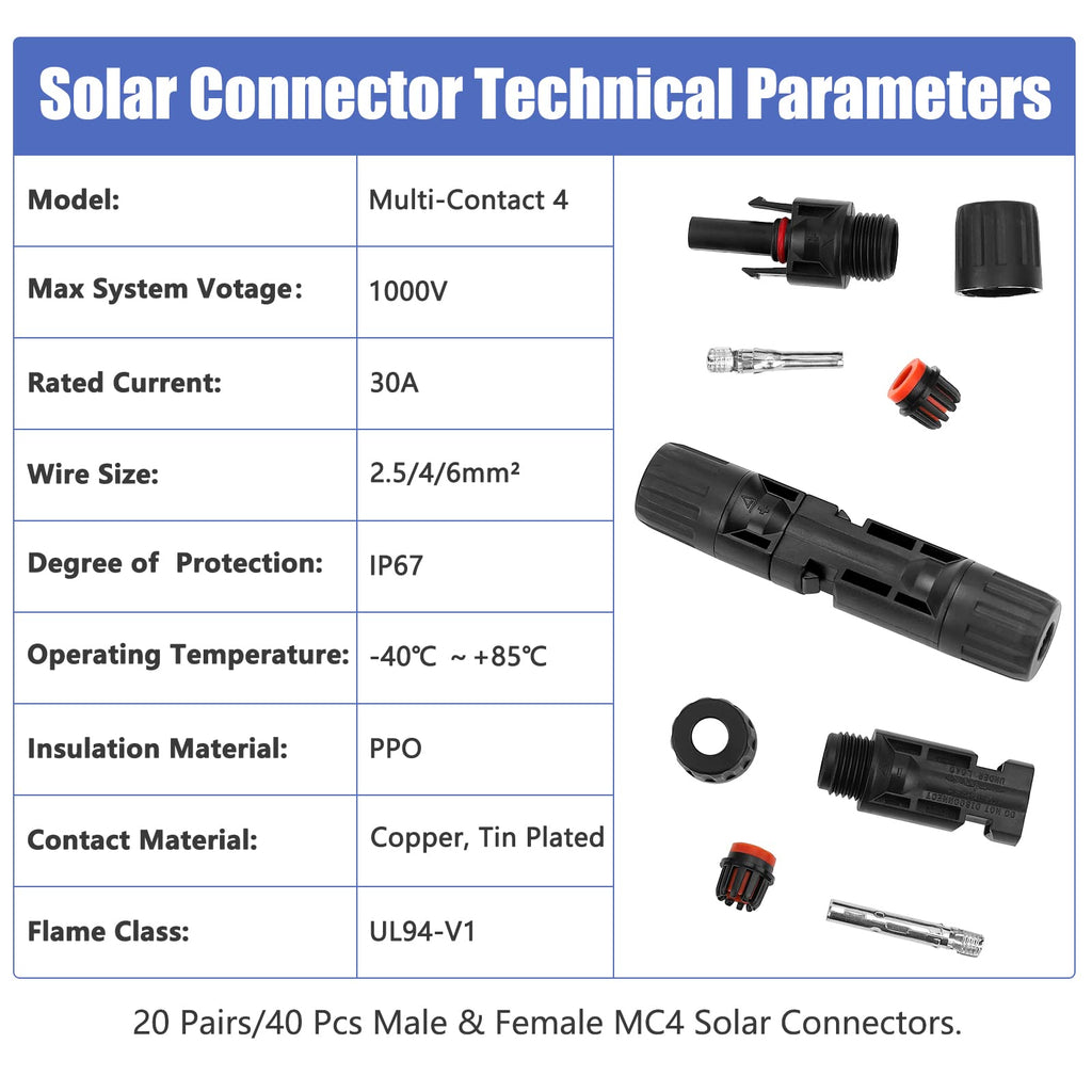 PRECIHW Solar Connectors, 12 Pairs MC4 Connectors, Solar Panel Connectors, IP67 1000V 30A Waterproof Male/Female Solar Panel Cable Connectors (12 Pairs Connectors for 2.5/4/6mm² with 2 Pack Wrenches)