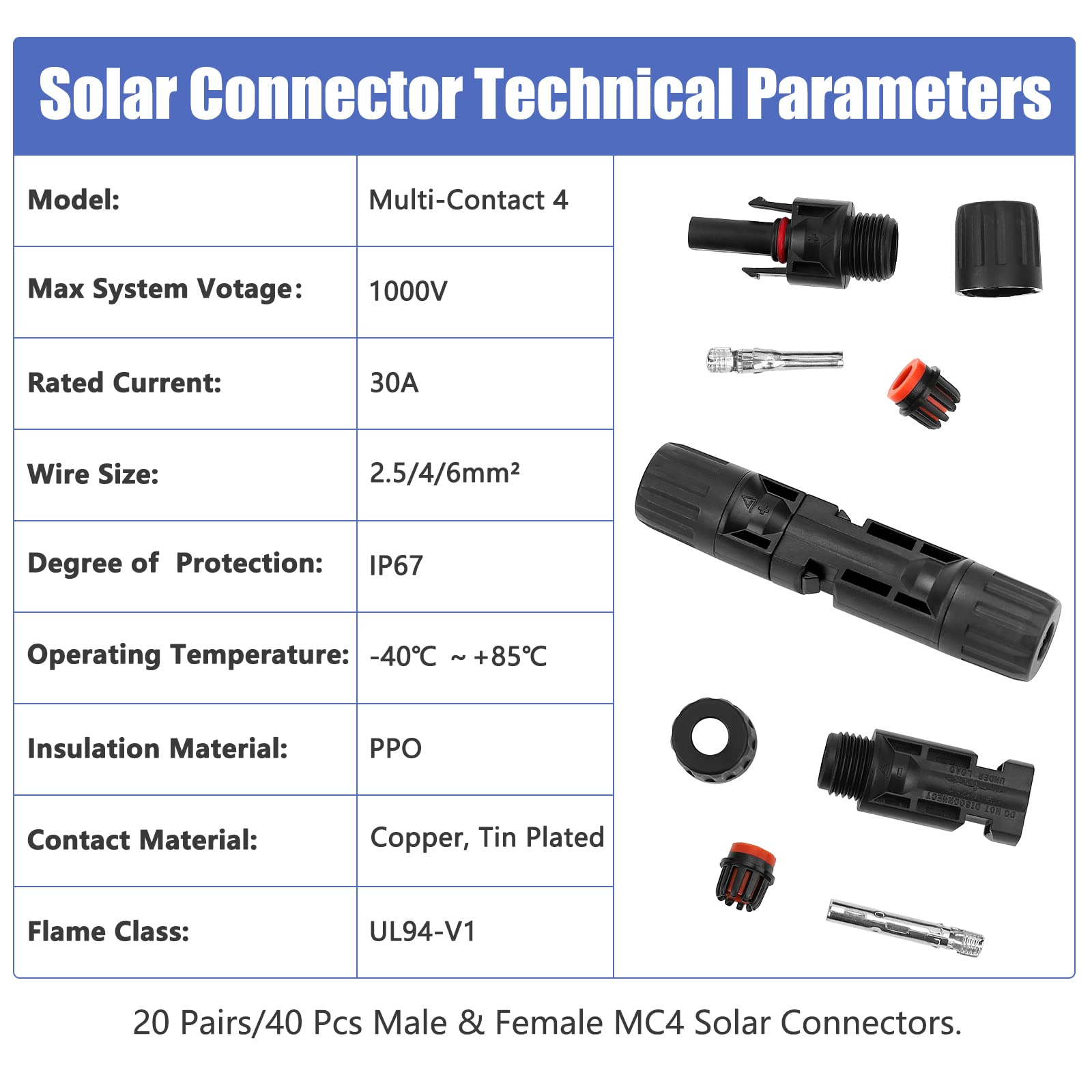 PRECIHW Solar Connectors, 12 Pairs MC4 Connectors, Solar Panel Connectors, IP67 1000V 30A Waterproof Male/Female Solar Panel Cable Connectors (12 Pairs Connectors for 2.5/4/6mm² with 2 Pack Wrenches)