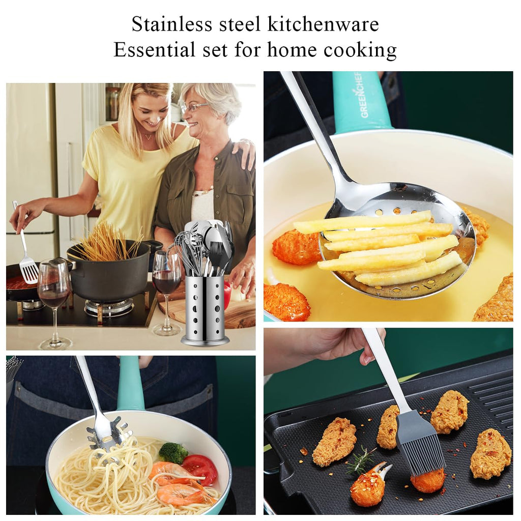 ReaNea Stainless Steel Kitchen Utensils Set 40 Pieces, Cooking Utensil Set with Utensils Holder, Kitchen Gadgets Kitchen Essentials New Home, House, Appartment Must Have, Metal Spatula Set