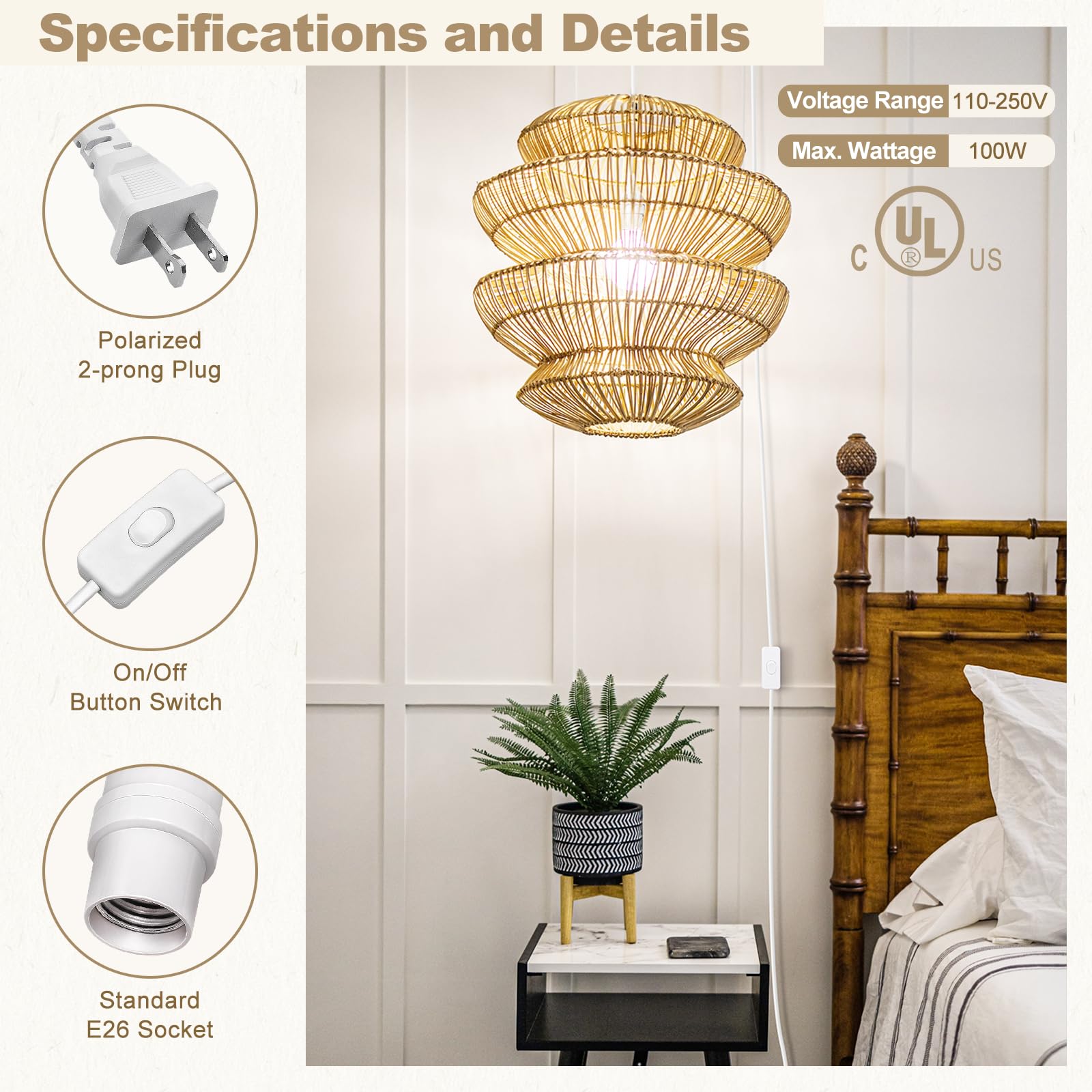 DiCUNO Hanging Extension Lantern Cord, 19.7Ft Cable with E26 Bulb Socket, 2-Prong Plug and On/Off Switch Button, White Pendant Lamp Cord for Kitchen Bedroom Plant Growth Light, 2 Pack