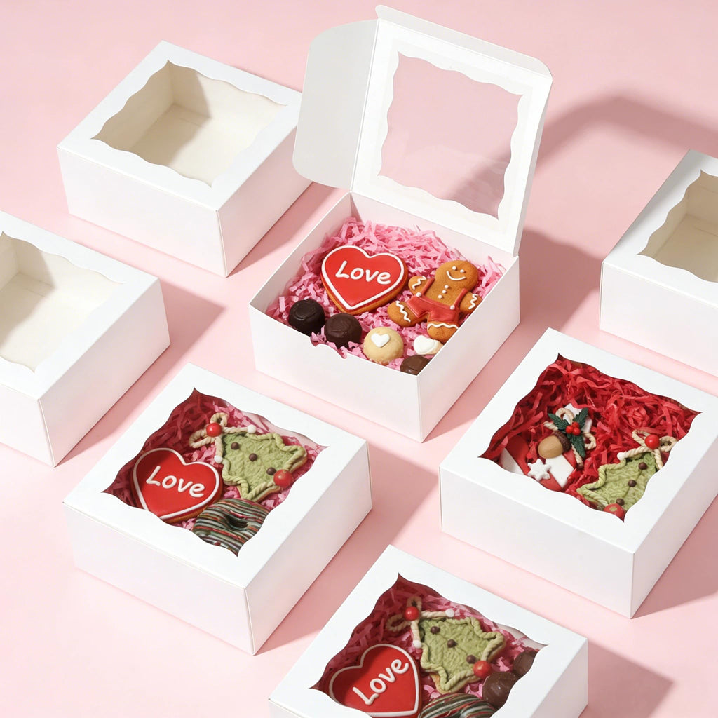 JOHOPACK 50 Pack 5x5x2.5 Inch Bakery Boxes, Cookie Boxes with Window Treat Boxes Chocolate Covered Strawberries Boxes for Macaroon Dessert Cupcake Pastry Muffins