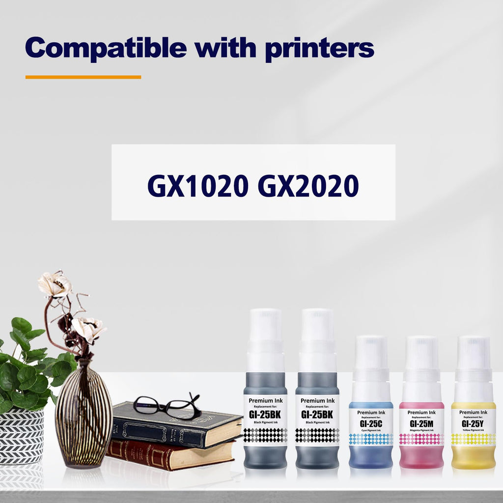 LAIPENG GI-25 GI25 Ink Refill Bottles Compatible for Canon MAXIFY GX1020 GX2020 Printer 5 Color Multipack GI-25BK GI-25C GI-25M GI-25Y (Black*2/Cyan/Magenta/Yellow)