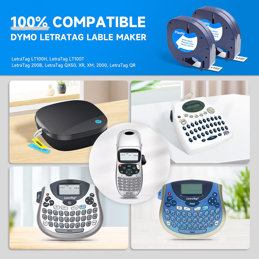 5PK Compatible with Dymo Letratag 91331(S0721610) Plastic 12mm(1/2Inch) White Label Maker Tape Cassette Refills Cartridge