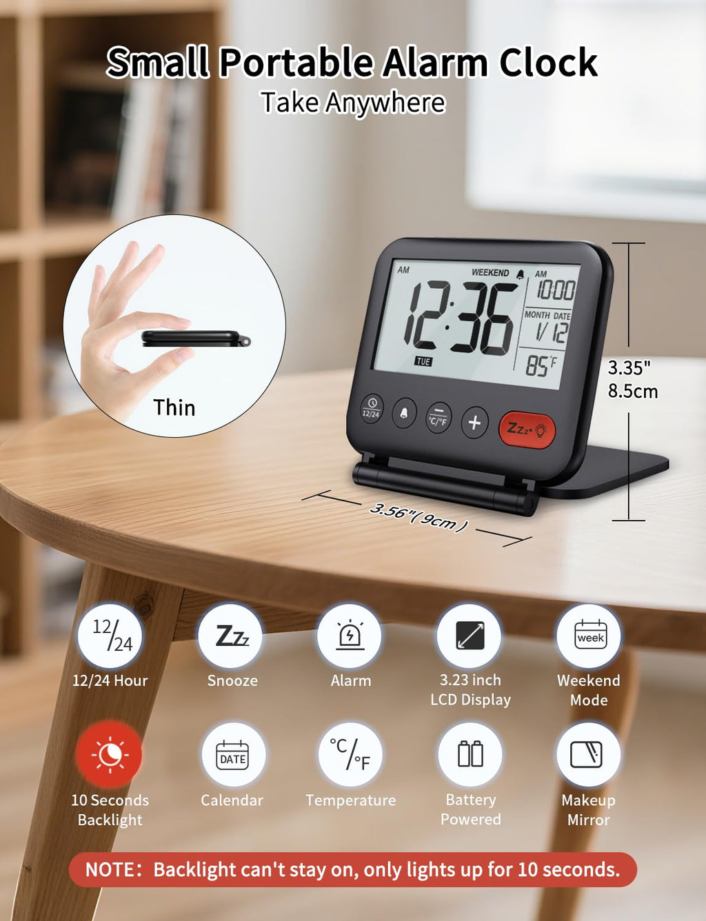 NOKLEAD Digital Travel Alarm Clock - 3.23 inch LCD Display, Temperature, 9-Minute Snooze, 10s Backlight, Battery Included (Black)