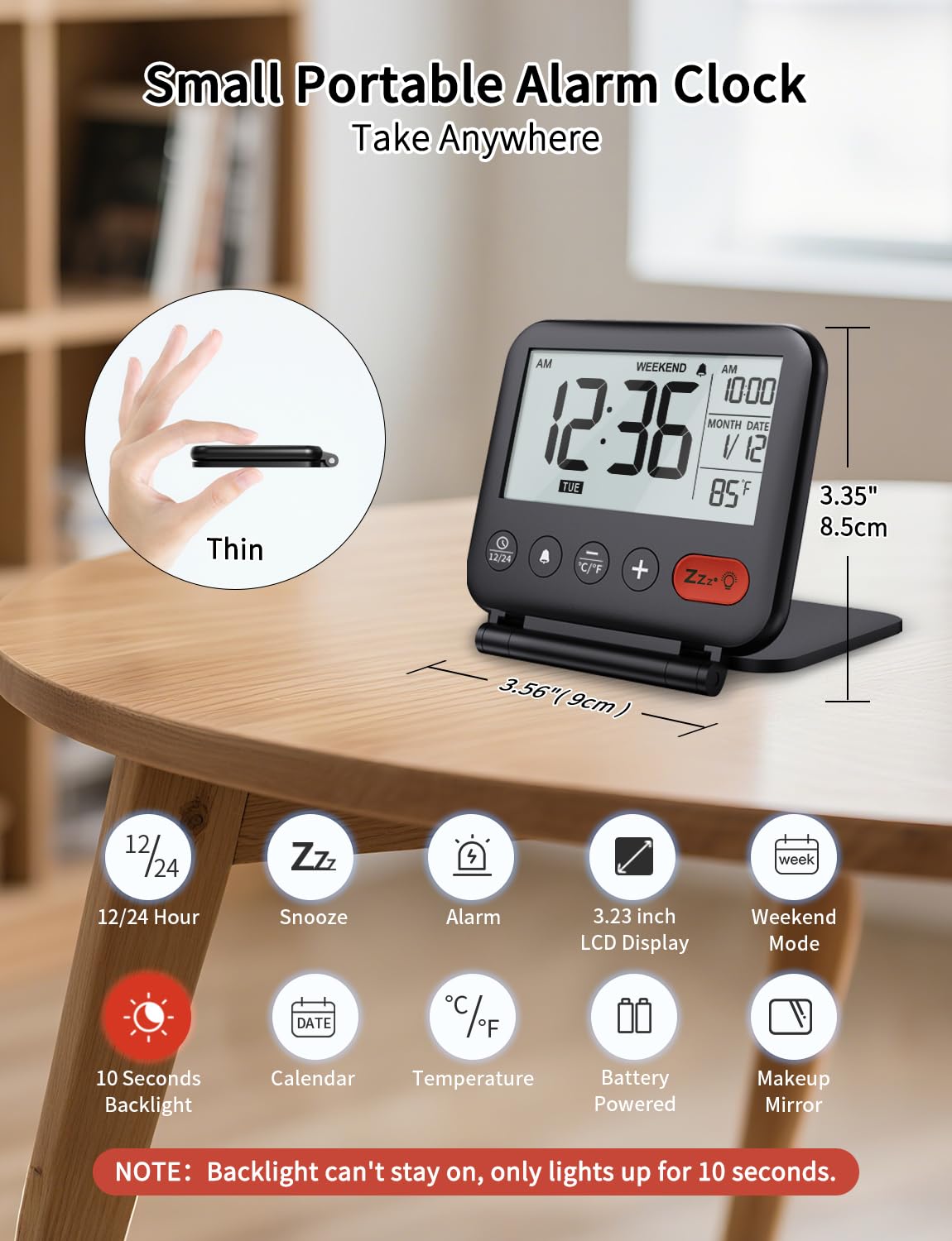 NOKLEAD Digital Travel Alarm Clock - 3.23 inch LCD Display, Temperature, 9-Minute Snooze, 10s Backlight, Battery Included (Black)