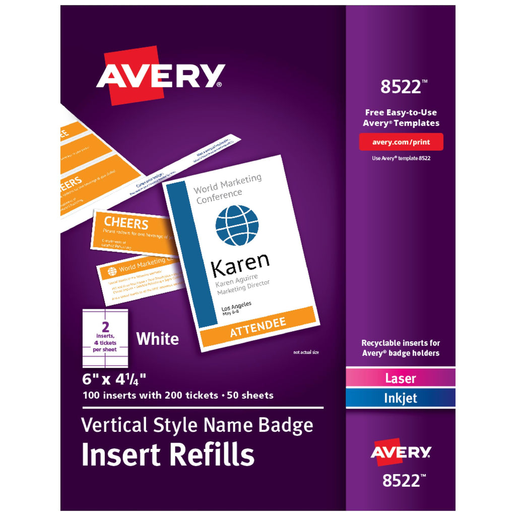 Avery Insert Refills and Blank Tickets for Vertical Name Badges, 6" x 4.25", 100 Name Tag Inserts and 200 Blank Tickets (8522)