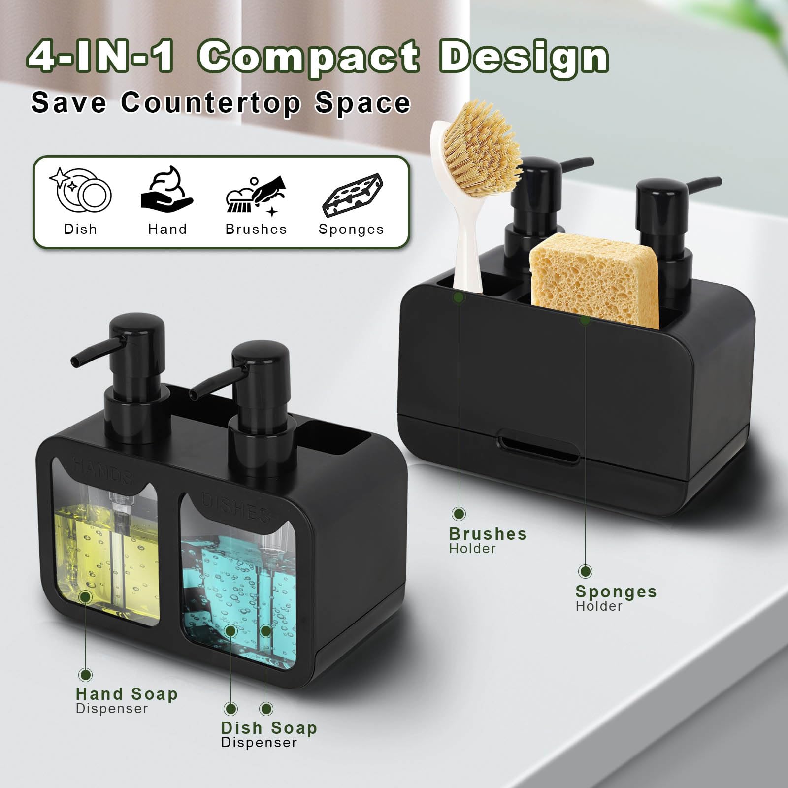 Peevel Dish Soap and Hand Soap Dispenser for Kitchen Sink, Soap Dispenser Set with Sponge Caddy and Brush Holder, Organizer for Kitchen Sink Countertop, Black