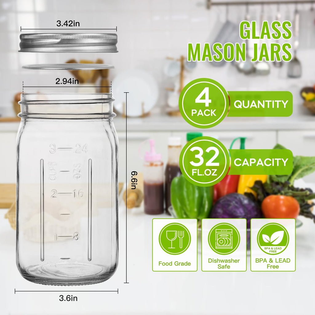 Alotpower 32 oz Mason Jars 4Pack,Empty Wide Mouth Mason Jars 32 oz with Lids&Bands/Stickers/Marker/Bottle Brush(32fl.oz, Set of 4)