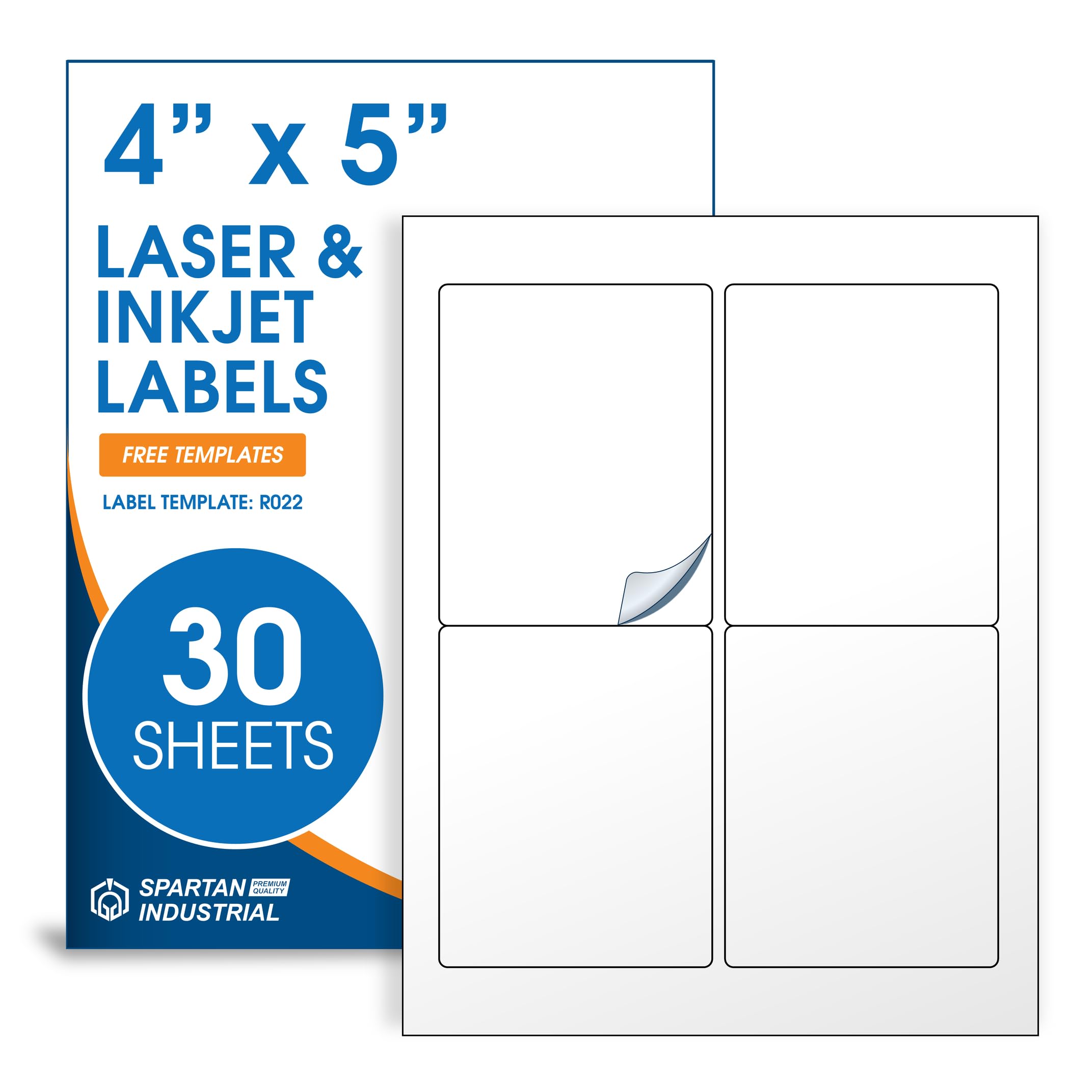 4" X 5" Matte White Printable Labels for Inkjet and Laser Printers - 30 Sheets, 120 Custom Stickers for Shipping Labels, Address Stickers, Organization - Spartan Industrial Template R022