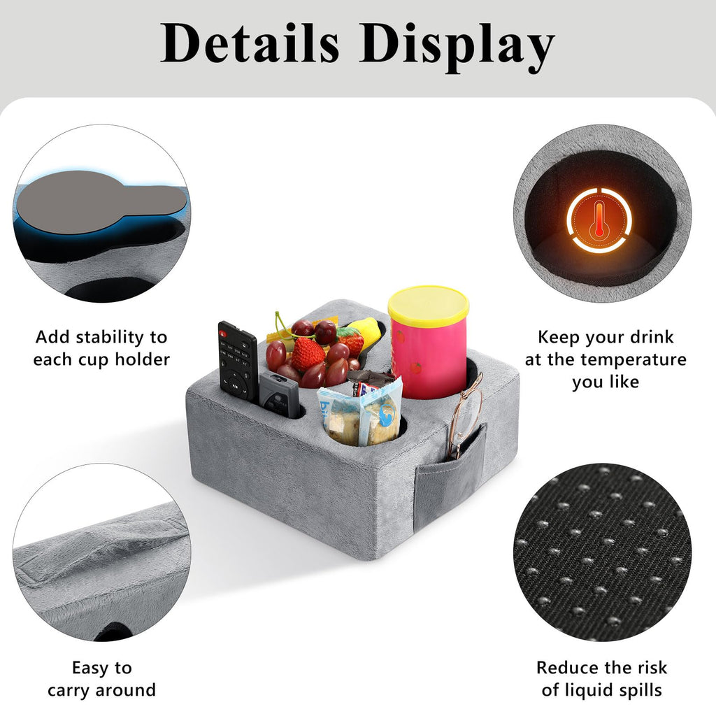 Luxspire Couch Cup Holder Tray, Couch Cup Holder Pillow with 4 Holes, Side Pocket and Handle, Couch Caddy Pillow for Phone/Drinks/Remote Control/Snacks, Gray