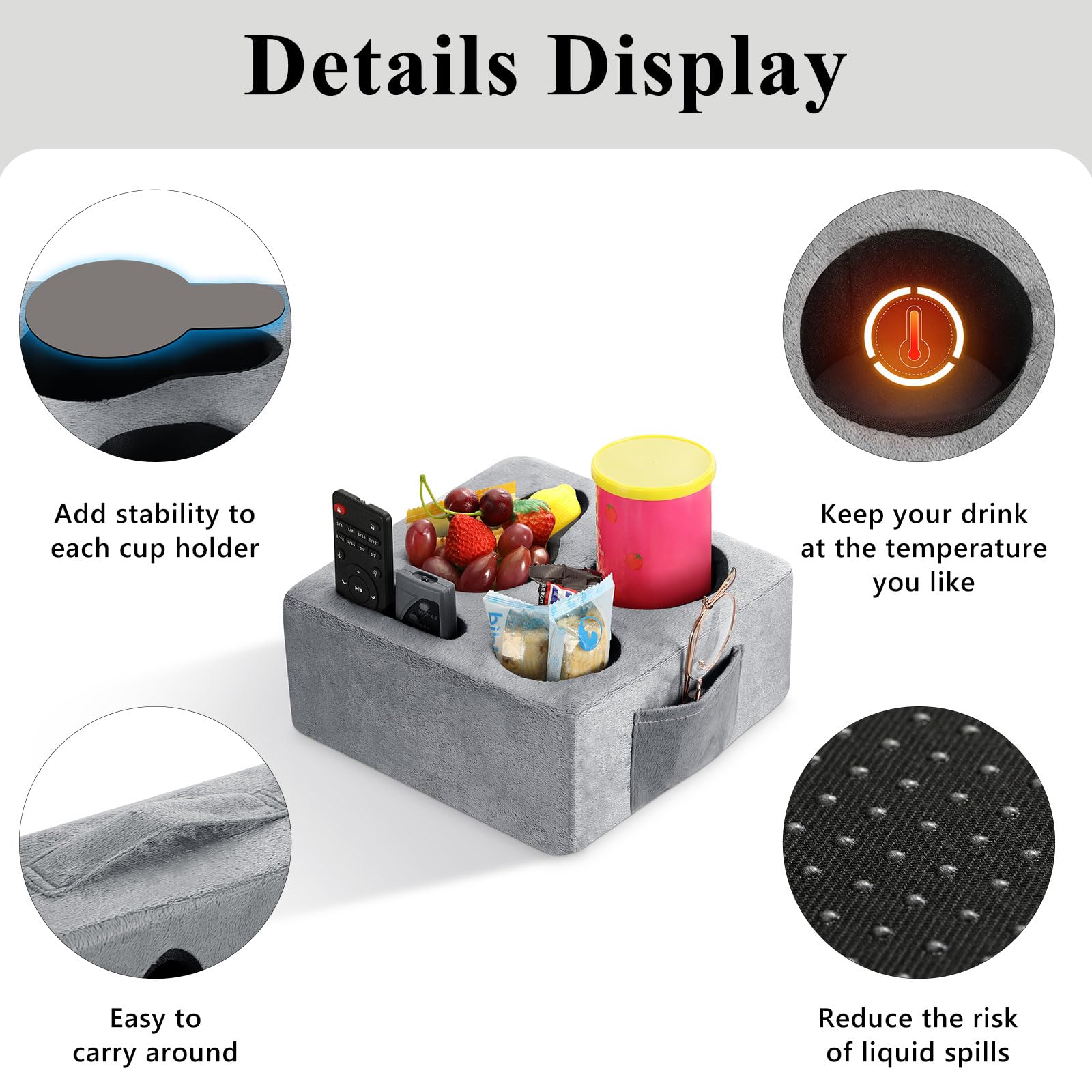 Luxspire Couch Cup Holder Tray, Couch Cup Holder Pillow with 4 Holes, Side Pocket and Handle, Couch Caddy Pillow for Phone/Drinks/Remote Control/Snacks, Gray