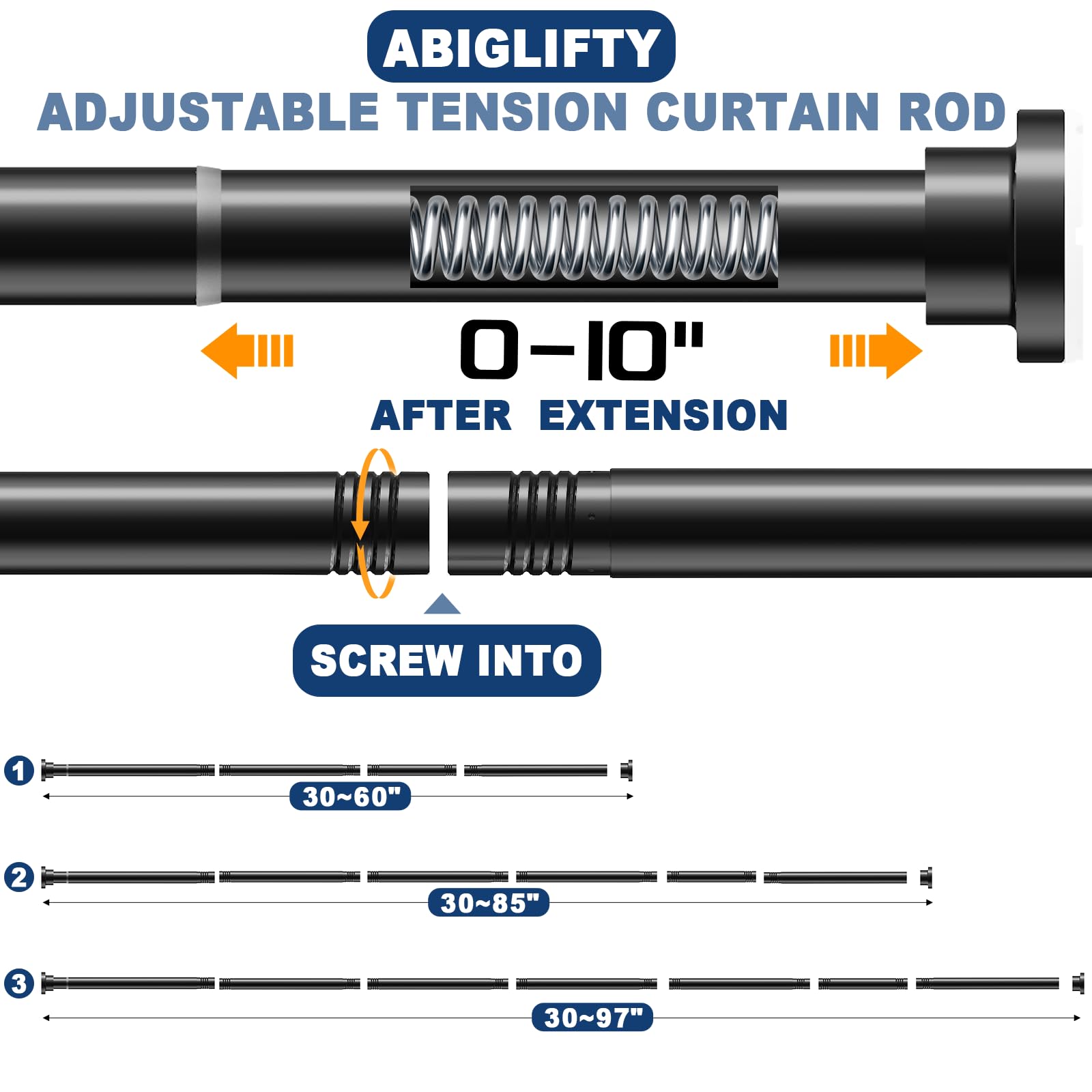 Abiglifty Black Shower Curtain Rod 30~85 Inches, Adjustable Spring Tension Stainless Steel Telescoping Shower Curtain Rods, Non Slip, No Drilling, Sturdy and Durable