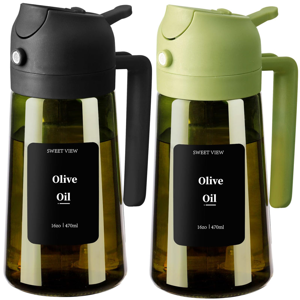 SWEET VIEW 2PCS Olive Oil Dispenser and Oil Sprayer – 16oz/470ml Glass Light-Proof Oil Pourer for Kitchen with Stickers for Air Fryer, Cooking, Salad, and BBQ