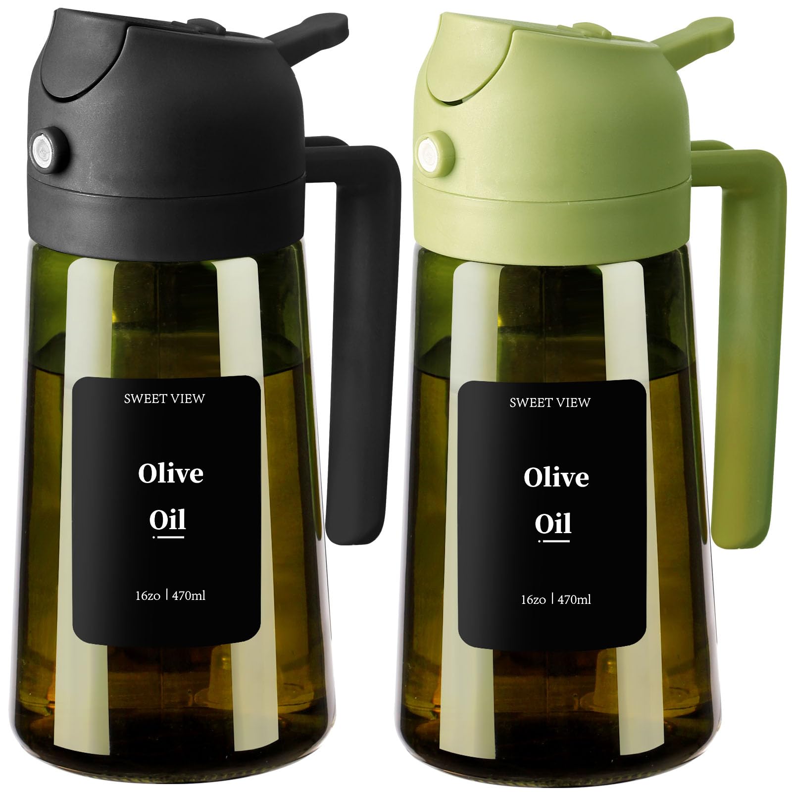 SWEET VIEW 2PCS Olive Oil Dispenser and Oil Sprayer – 16oz/470ml Glass Light-Proof Oil Pourer for Kitchen with Stickers for Air Fryer, Cooking, Salad, and BBQ