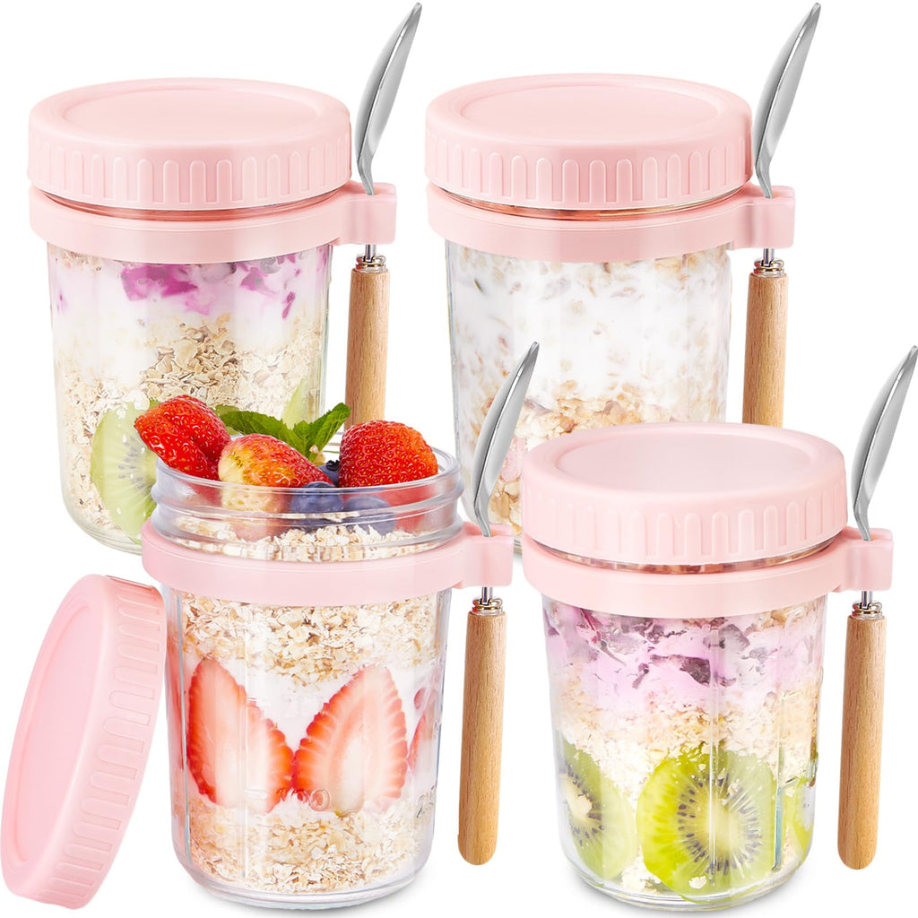 HomArtist Glass Overnight Oats Containers with Lids and Spoon, 16 oz Wide Mouth Mason Jars for Overnight Oats, Cereal, Yogurt & Salad Lunch Container with Measurement Marks - Pink 4 Pack