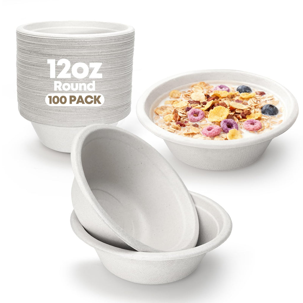 TaidMiao 12 oz Disposable Biodegradable Paper Bowls, Microwave Safe Sugarcane Fiber Bowls for Hot Soup Salads Fruit, Eco-Friendly White Bowls for Parties & Daily Use, 100 Count