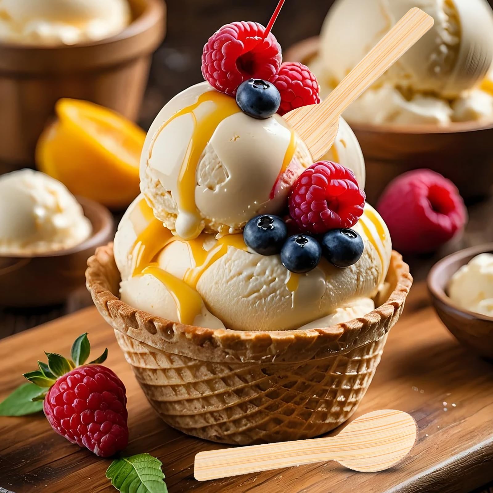 Worldity 200 Pcs 3.46" Small Bamboo Spoons, Ice Cream Spoons, Biodegradable Spoons for Eating, Disposable Spoons for Jelly Pudding Yogurt Dessert Cake