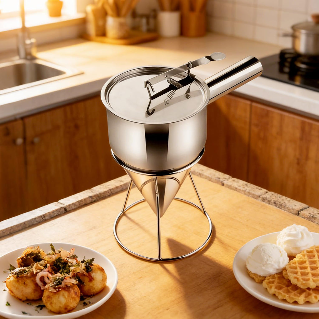 40oz Pancake Batter Dispenser, Stainless Steel Funnel Cake Dispenser with 4 Silicone Nozzles, 3 Brushes, 1dust Cover, Exquisite Box Packaging, Perfect for Waffle, Pancakes, Cupcakes, and Funnel Cakes