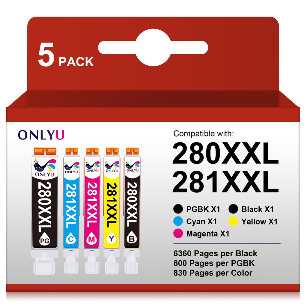 ONLYU 280XXL 281XXL Compatible for Canon Ink 280 and 281 Cartridges PGI-280XXL CLI-281XXL for Canon TR8520 Ink Cartridges for Pixma TR8620 TR8620a TS7620 TR7520 TS6120 TS6220 TS8220 TS9520 (5 Packs)