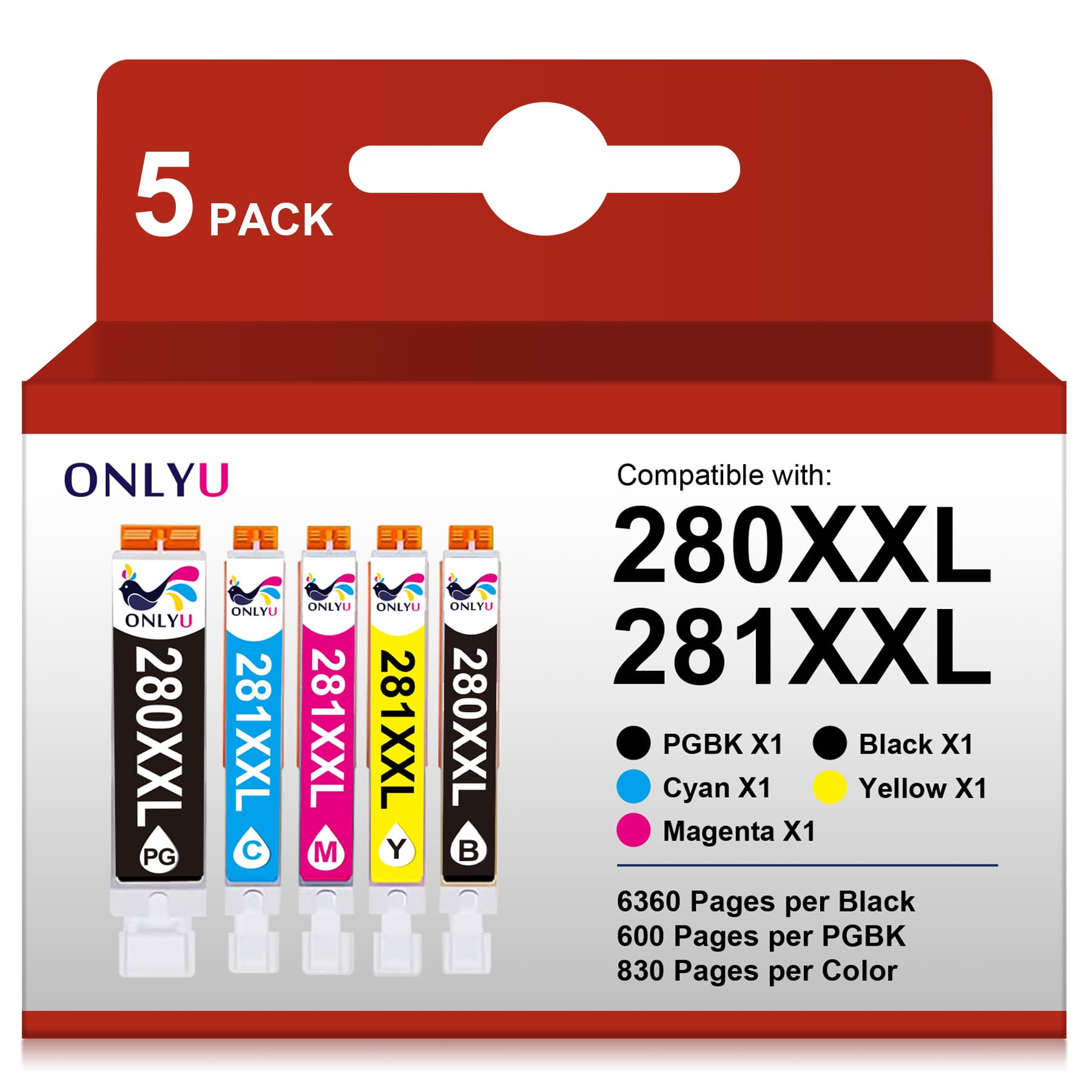 ONLYU 280XXL 281XXL Compatible for Canon Ink 280 and 281 Cartridges PGI-280XXL CLI-281XXL for Canon TR8520 Ink Cartridges for Pixma TR8620 TR8620a TS7620 TR7520 TS6120 TS6220 TS8220 TS9520 (5 Packs)