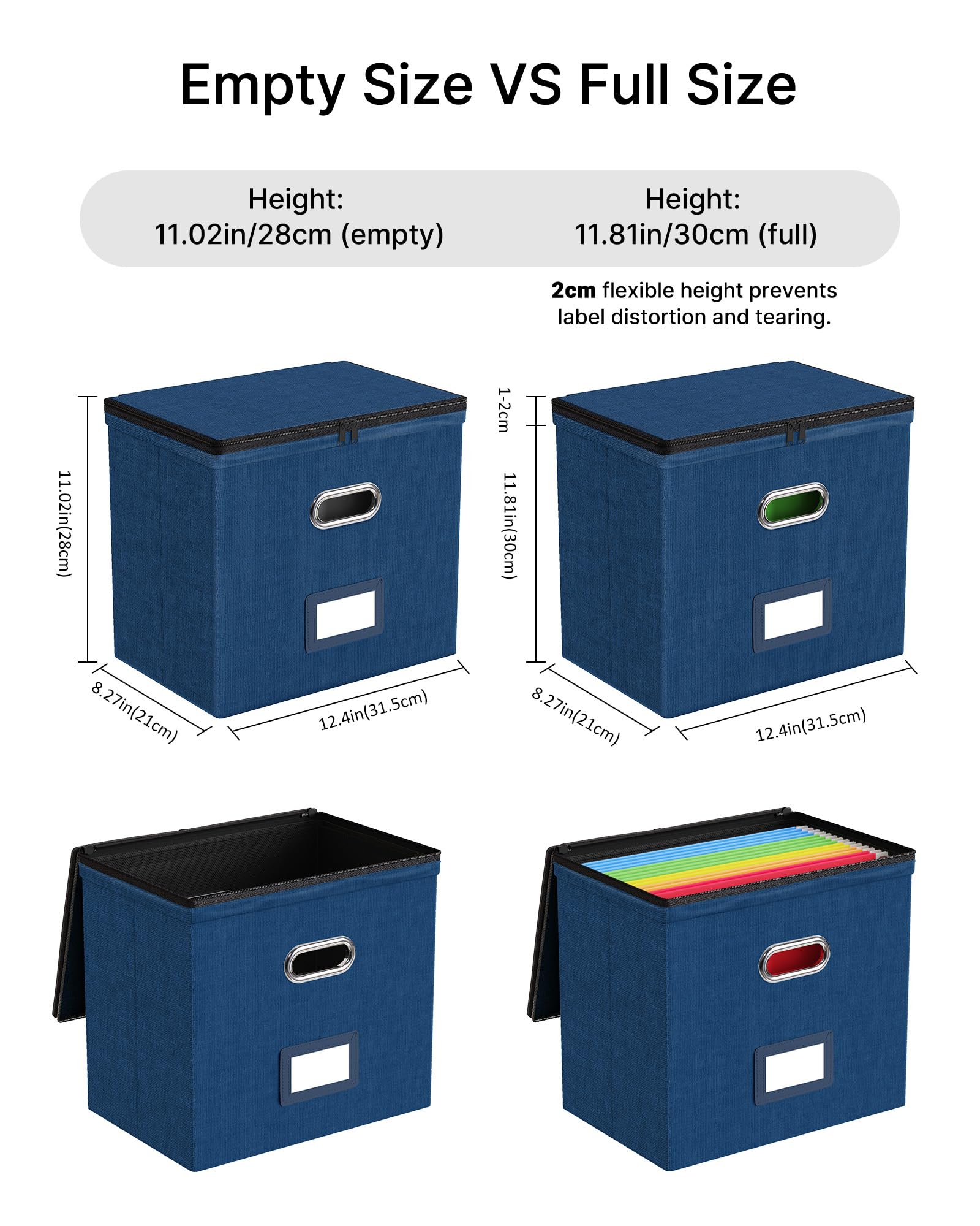 Oterri Zipper File Box with Lid, Letter Size File Organizer with Mesh Pockets, Portable Filing Box with Handle, Zippers Document Organizer Storage Box for Office/Home/School (1 Pcs, Dark Blue)