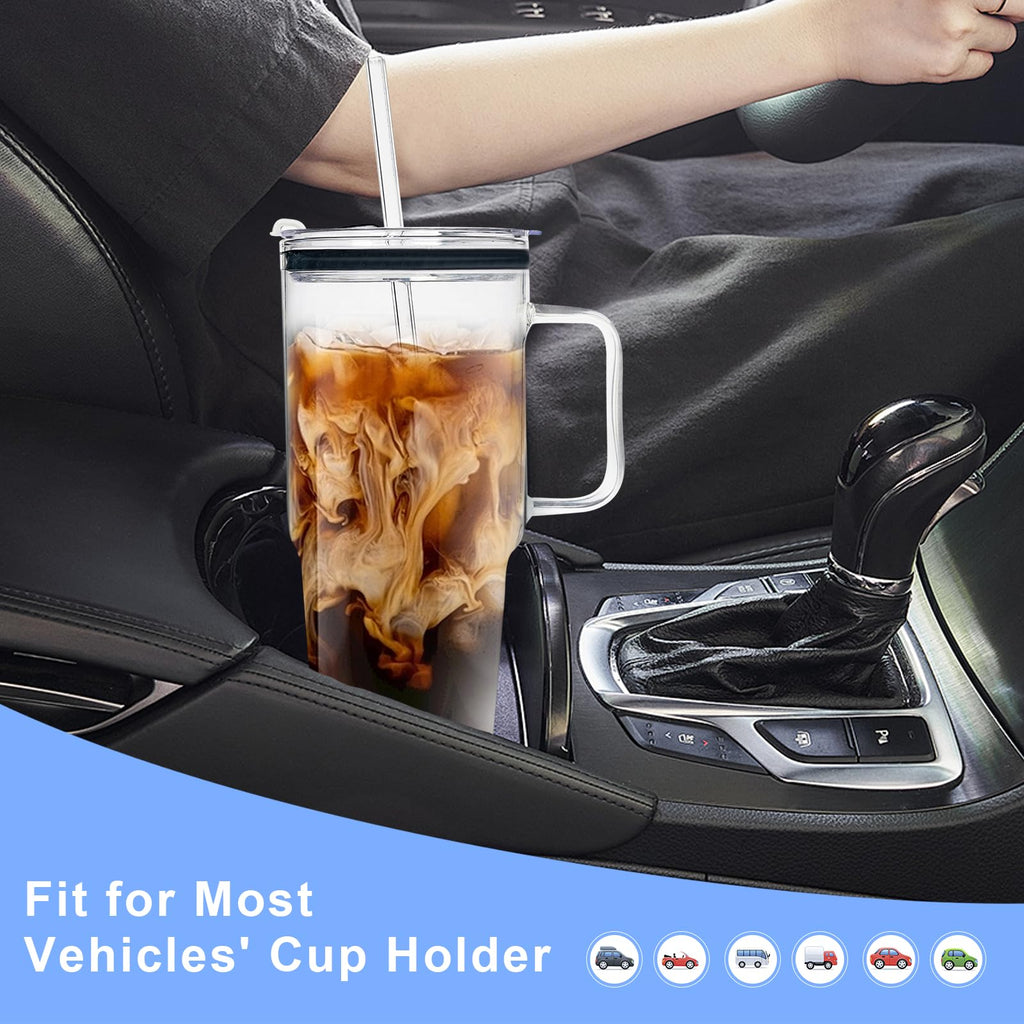 Glass Tumbler with Straws and Lids, 40oz Large Glass Coffee Tumbler with Handle, Clear Water Bottle for Car, Camping, Travel, and Outdoor Activities