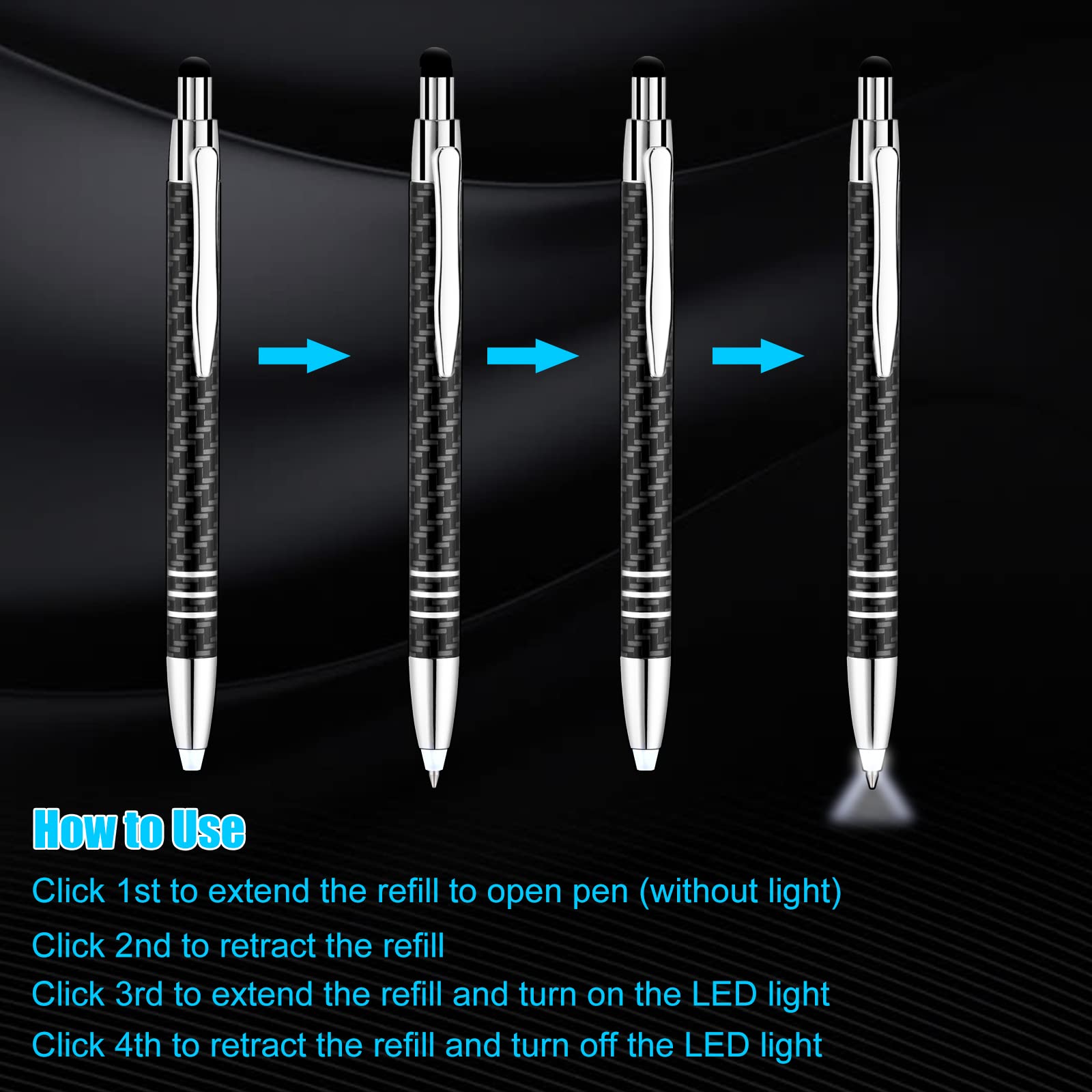 Lighted Tip Pen With Stylus - LED Penlight Light Up Ballpoint With Stylus for Writing in The Dark - Pack of 3 - White Light - GL006