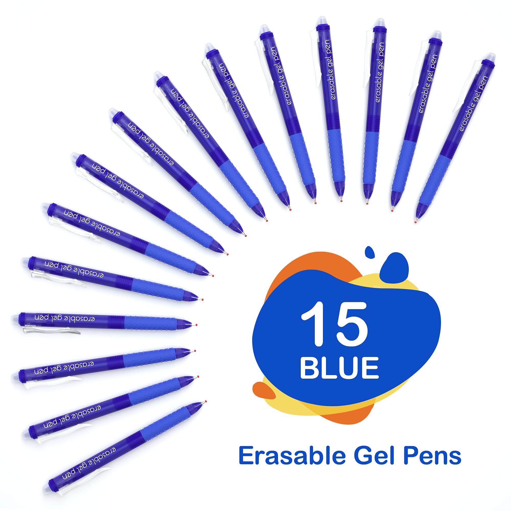 Lineon Erasable Gel Pens, 15 Pack Blue Retractable Erasable Pens Clicker, Fine Point, Make Mistakes Disappear, Blue Ink for Writing Planner and Crossword Puzzles