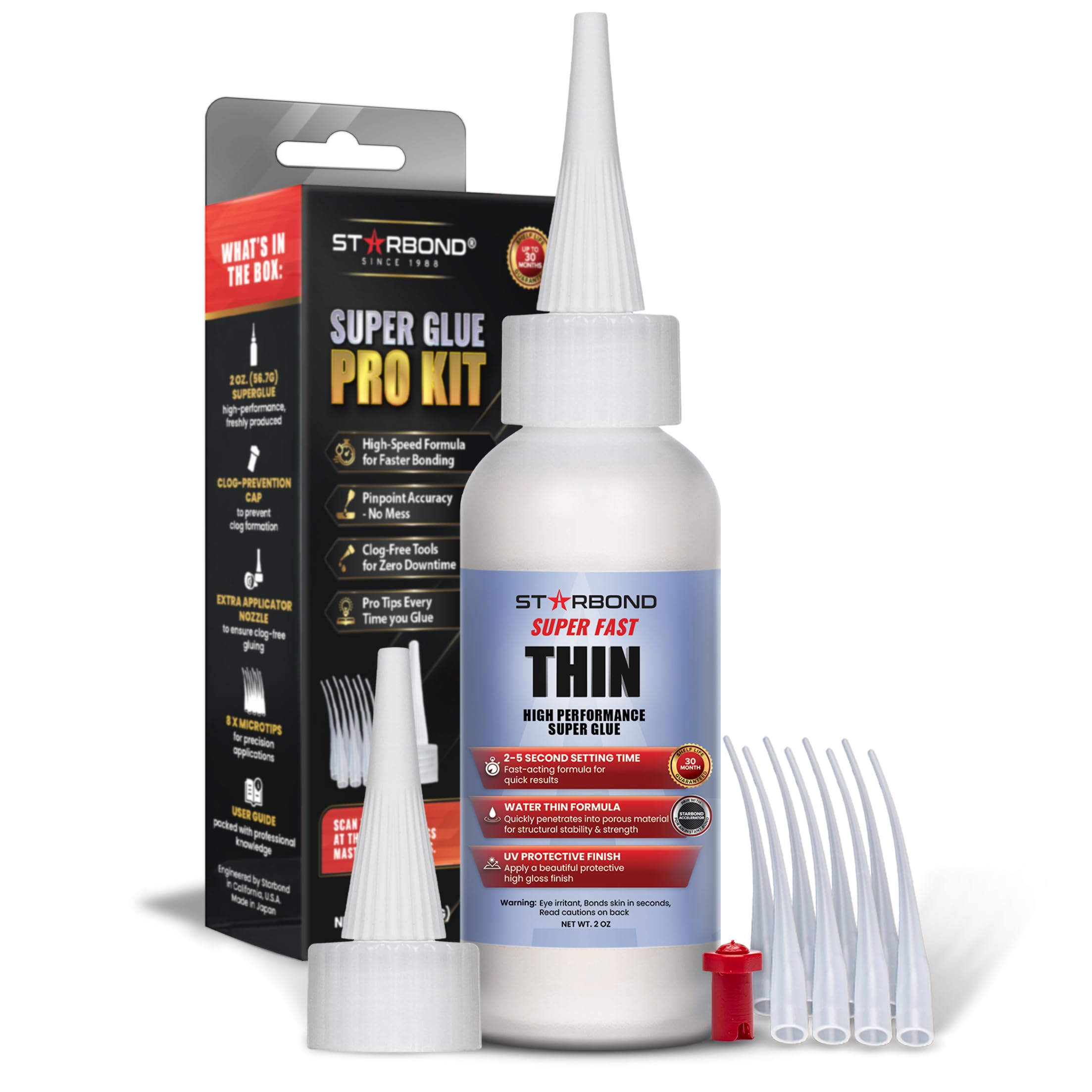 Starbond Super Fast Thin CA Glue – Super Glue Pro Kit with Precision Microtips Anti-Clog Cap & Extra Nozzles – Premium Cyanoacrylate Adhesive for Cracks, Joints, Woodturning, Hobby & Repairs, 2 oz