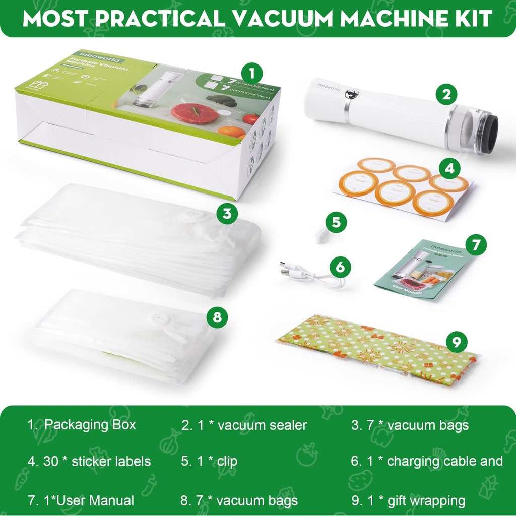 Innoworld Vacuum Sealer for Food with Visible Water Tank, Handheld Saver Compact Vacuum Sealer Machine with 14 Reusable Vacuum Bags, 6X Preservation & Fresh, Includes Gift Wrapping