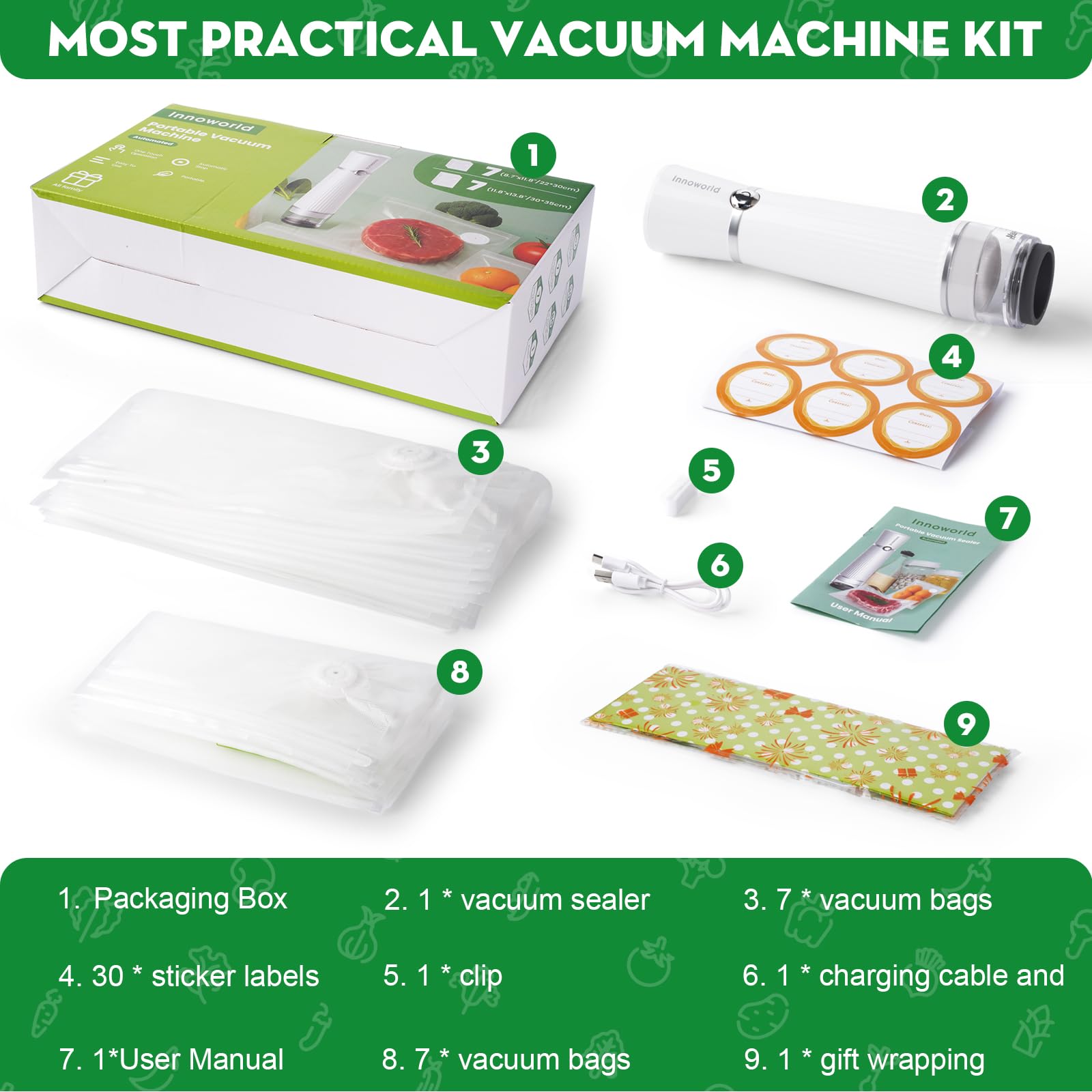 Innoworld Vacuum Sealer for Food with Visible Water Tank, Handheld Saver Compact Vacuum Sealer Machine with 14 Reusable Vacuum Bags, 6X Preservation & Fresh, Includes Gift Wrapping