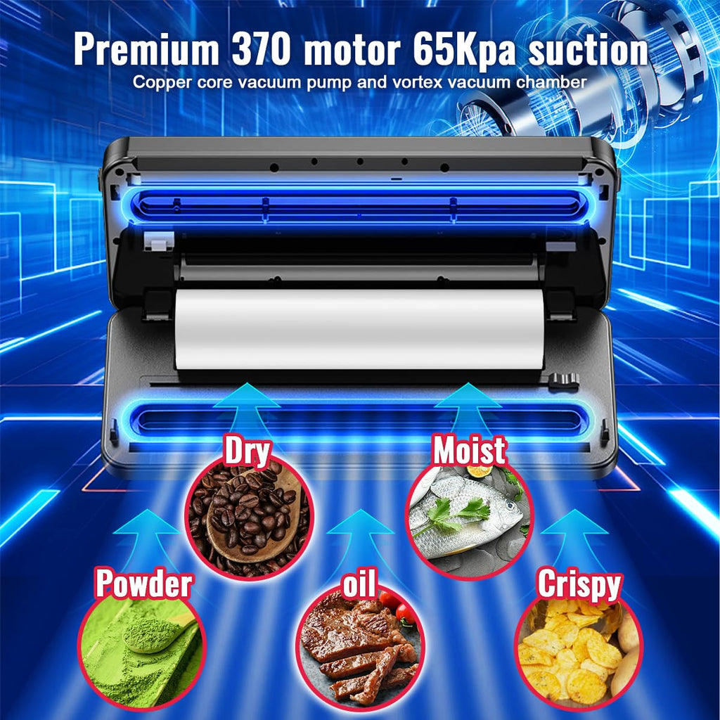 Gyreuni 8 in 1 Food Vacuum Sealer with Bags Kit,Multi-function Vacuum Sealer for Food Built-in UV Cutter/Bag Storage Act on Dry Wet oil Crispy,Attached Bag Rolls/10 Vacuum bags/Marker Pen
