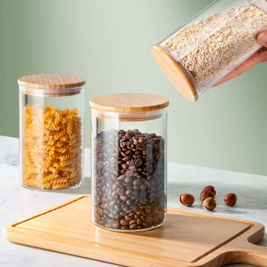 COCOYA 950ml/32oz Glass Jars with Airtight Bamboo Lid, 4-Pack Thick Pantry Storage Canisters, Kitchen Clear Containers Set for Spice Snack Salad Oats Dry Foods Nut Bean Sugar Coffee Tea Candy Cookie