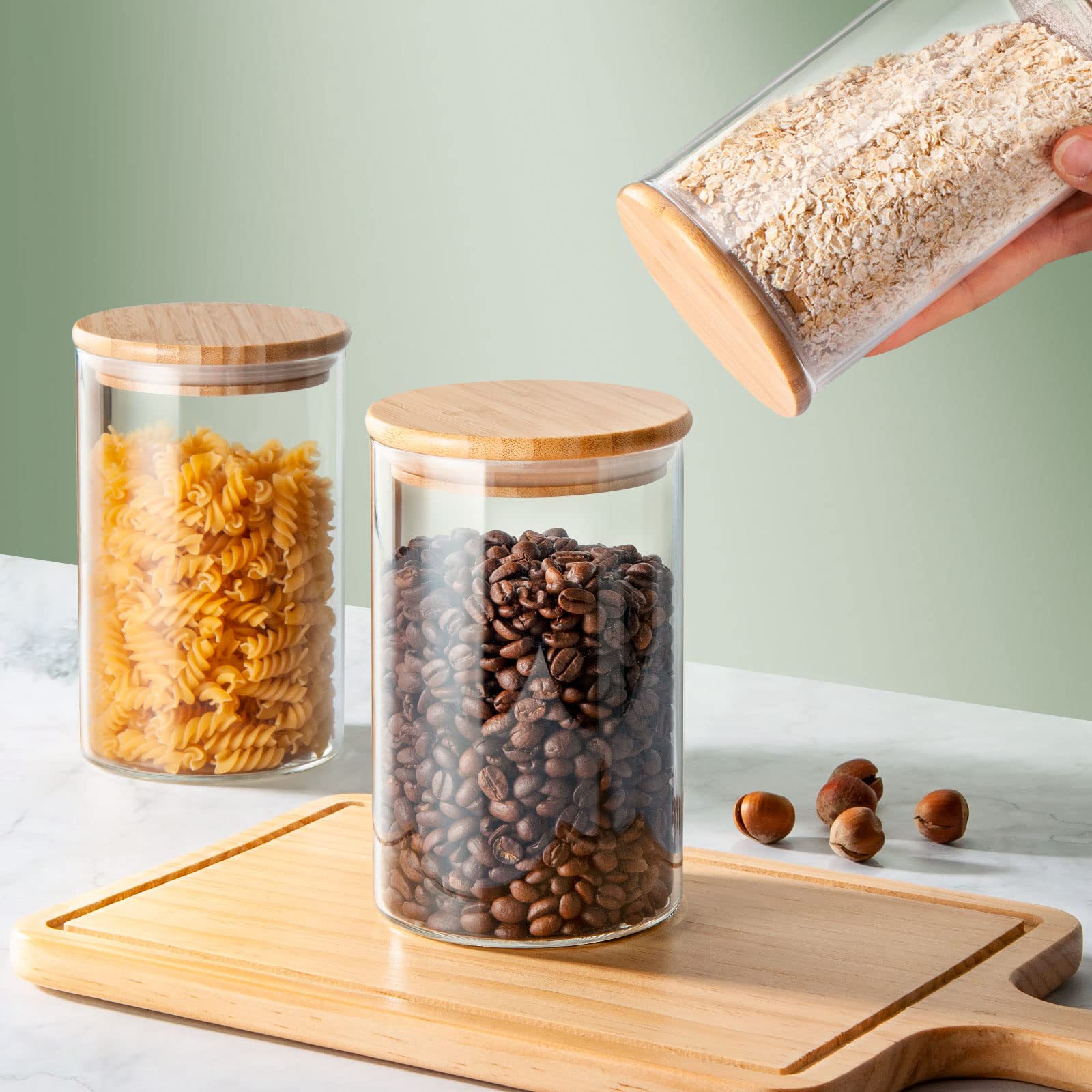 COCOYA 950ml/32oz Glass Jars with Airtight Bamboo Lid, 4-Pack Thick Pantry Storage Canisters, Kitchen Clear Containers Set for Spice Snack Salad Oats Dry Foods Nut Bean Sugar Coffee Tea Candy Cookie