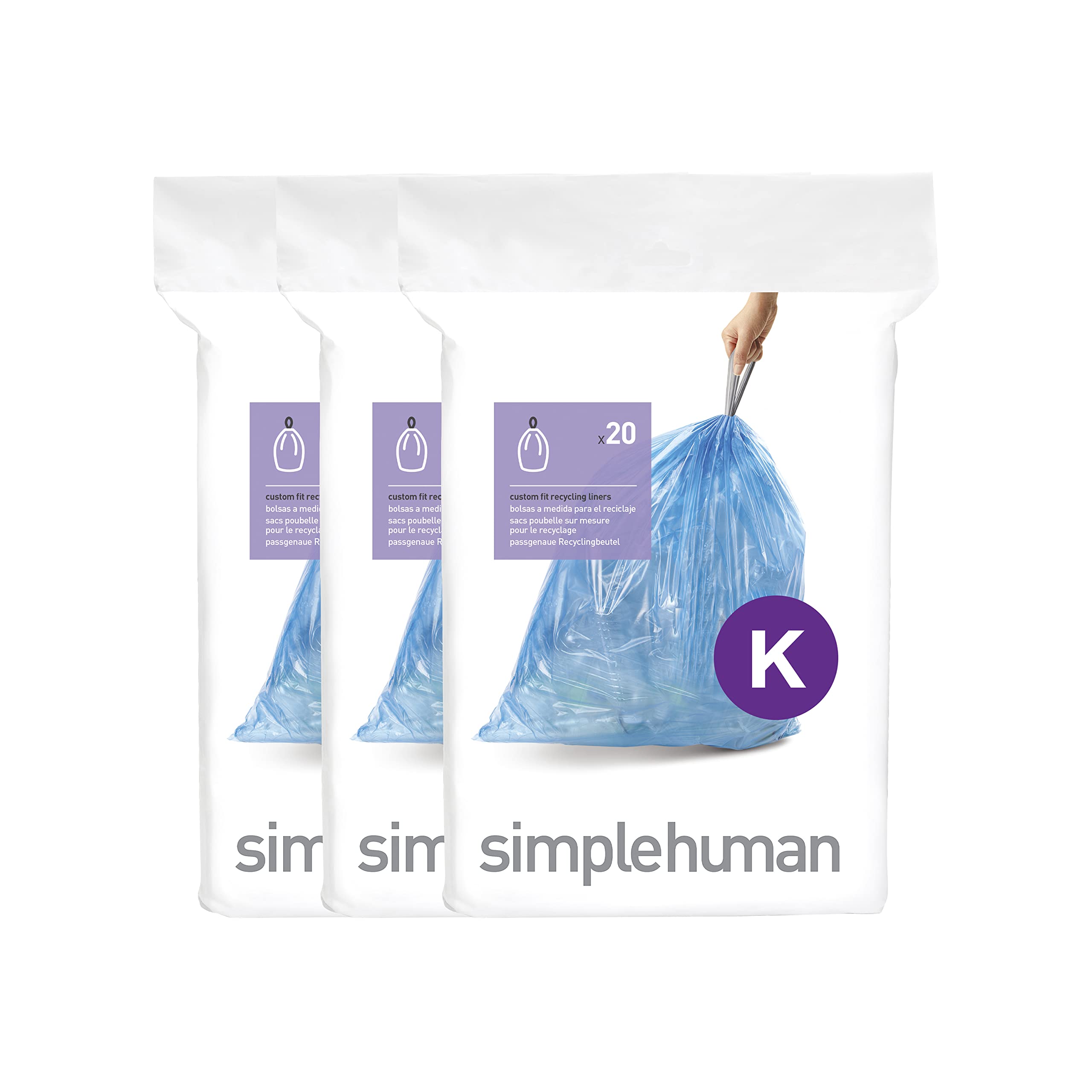 simplehuman Code K 60 Count, Dispenser Pack Custom Fit Liners, Drawstring Trash Bags, 35-45L / 9-12 Gallons, Blue