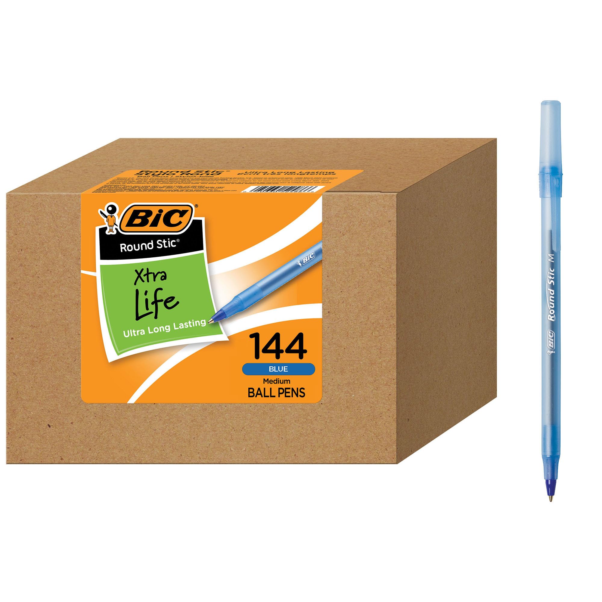 BIC Round Stic Xtra Life Blue Ballpoint Pens, Medium Point (1.0mm), 144-Count Pack of Bulk Pens, Flexible Round Barrel for Writing Comfort, No. 1 Selling Ballpoint Pens