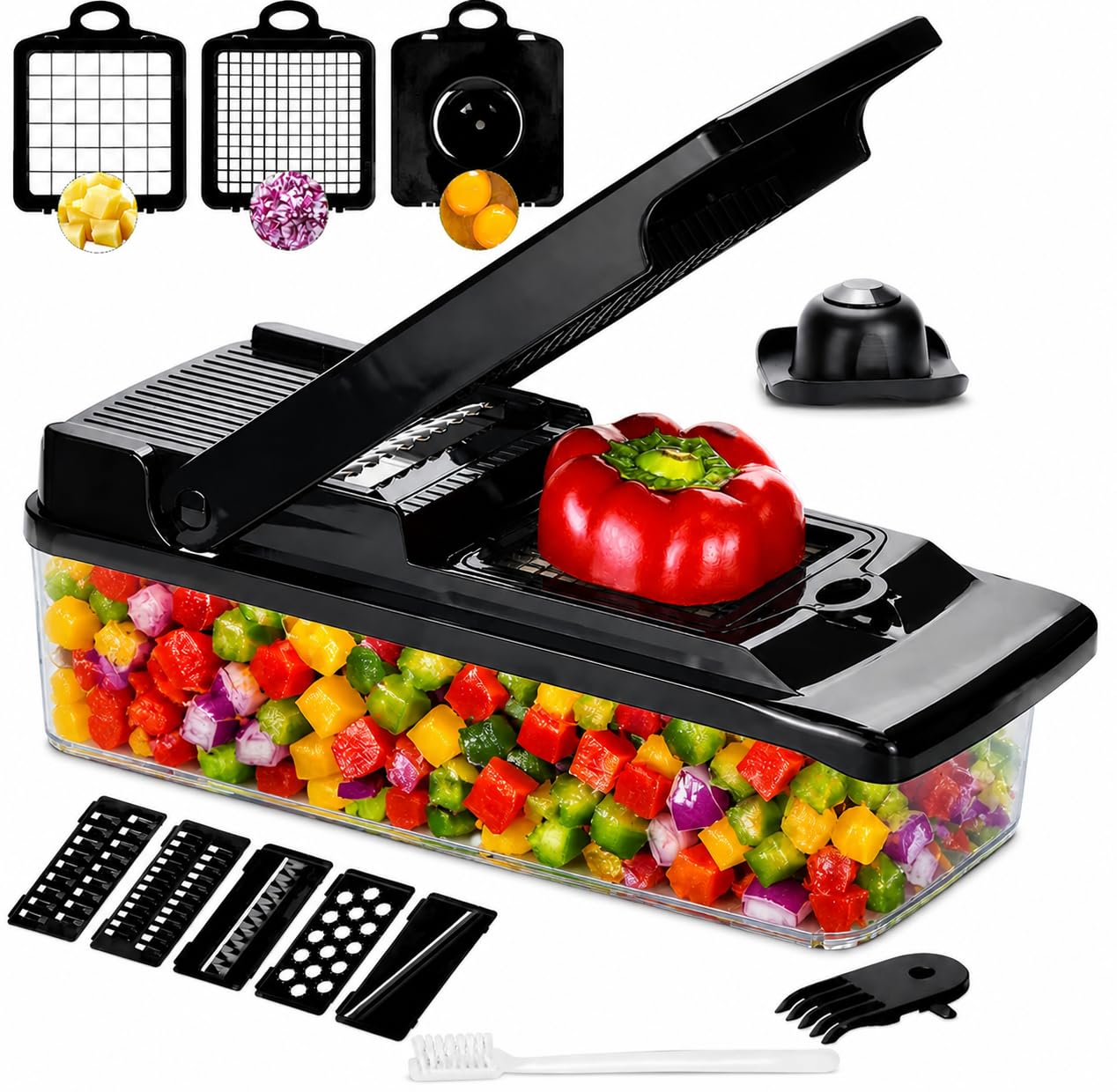 Vegetable Chopper Cutter Mandoline Slicer Cheese Grater - Food Onion Salad Veggie Chopper with Container, French Fry Potato Dicer Slicer and Cutter - Kitchen Tools Gadgets (8-in-1 Black)