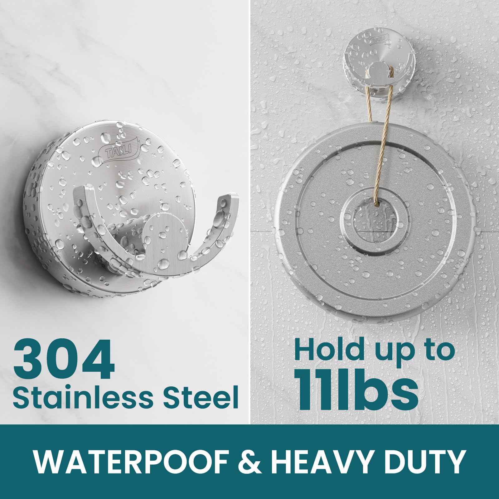 TAILI 304 Stainless Steel Bathroom Suction Hooks for Towel, Bathrobe, Loofah, Patented Strong Suction Cup Holder, No Damage Hanging Glass Shower Wall Hook, Double-Hook Sleek Design, 2 Pack