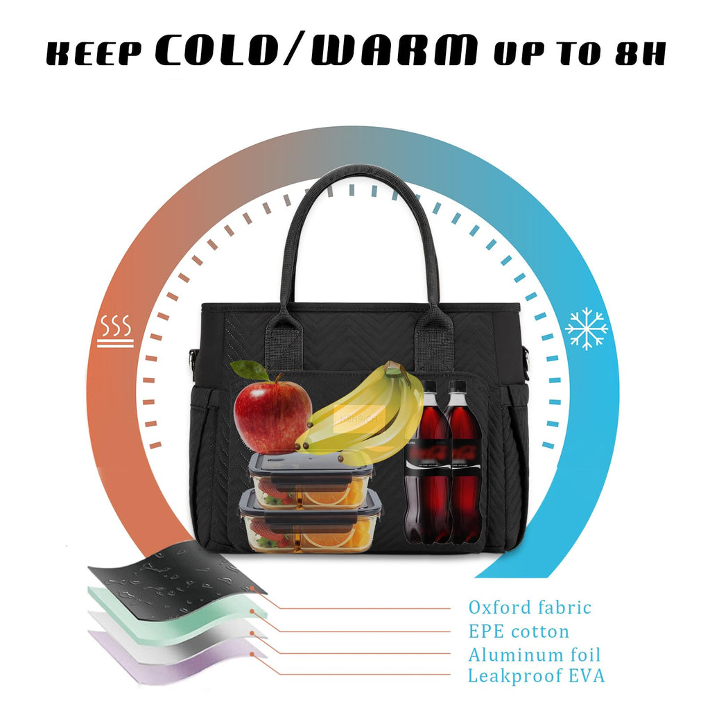 Lunch Bag for Women, Insulated Lunch Box for Work, Large Leakproof Cooler Purse with Side Pockets & Removable Shoulder Strap Women's Lunch Tote Bag for Picnic Work Beach Cute Lunch Bags (Black)