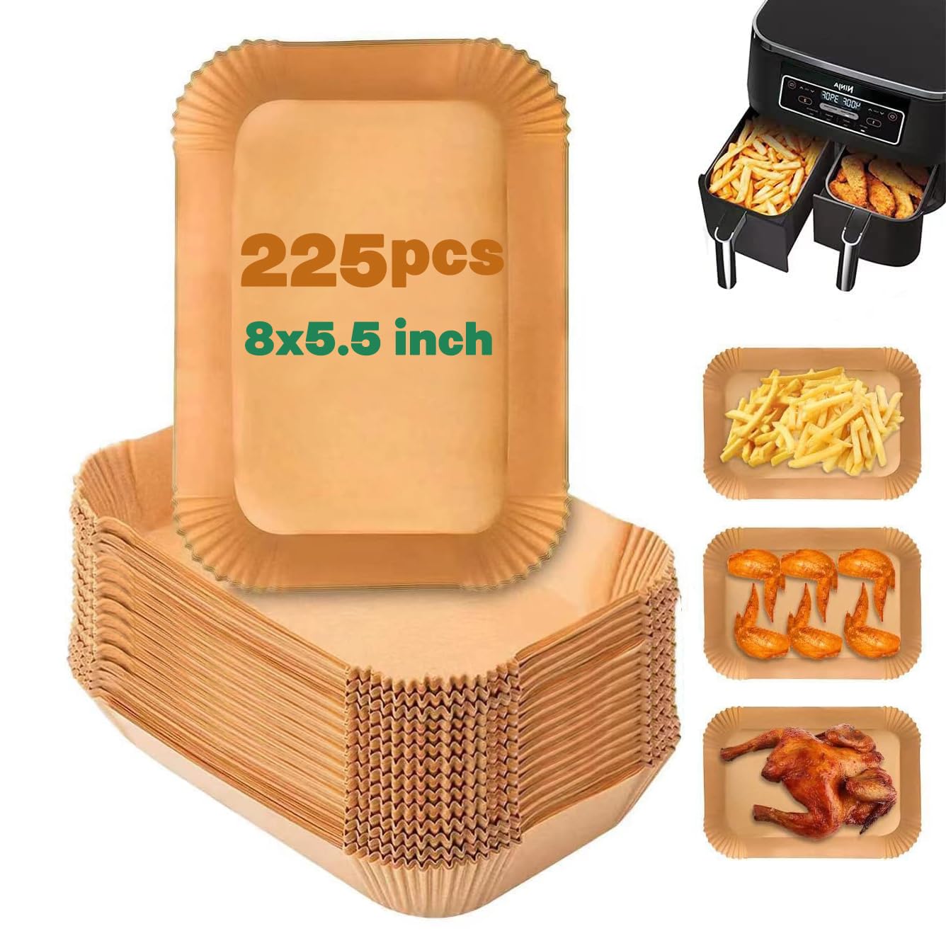 225PCS Air Fryer Liners for Ninja Foodi Dual Air Fryer DZ201/DZ401, Air Fryer Parchment Paper Liners, Rectangle Disposable Paper Liner,Airfryer Liners Baking Paper Air Fryer Accessories