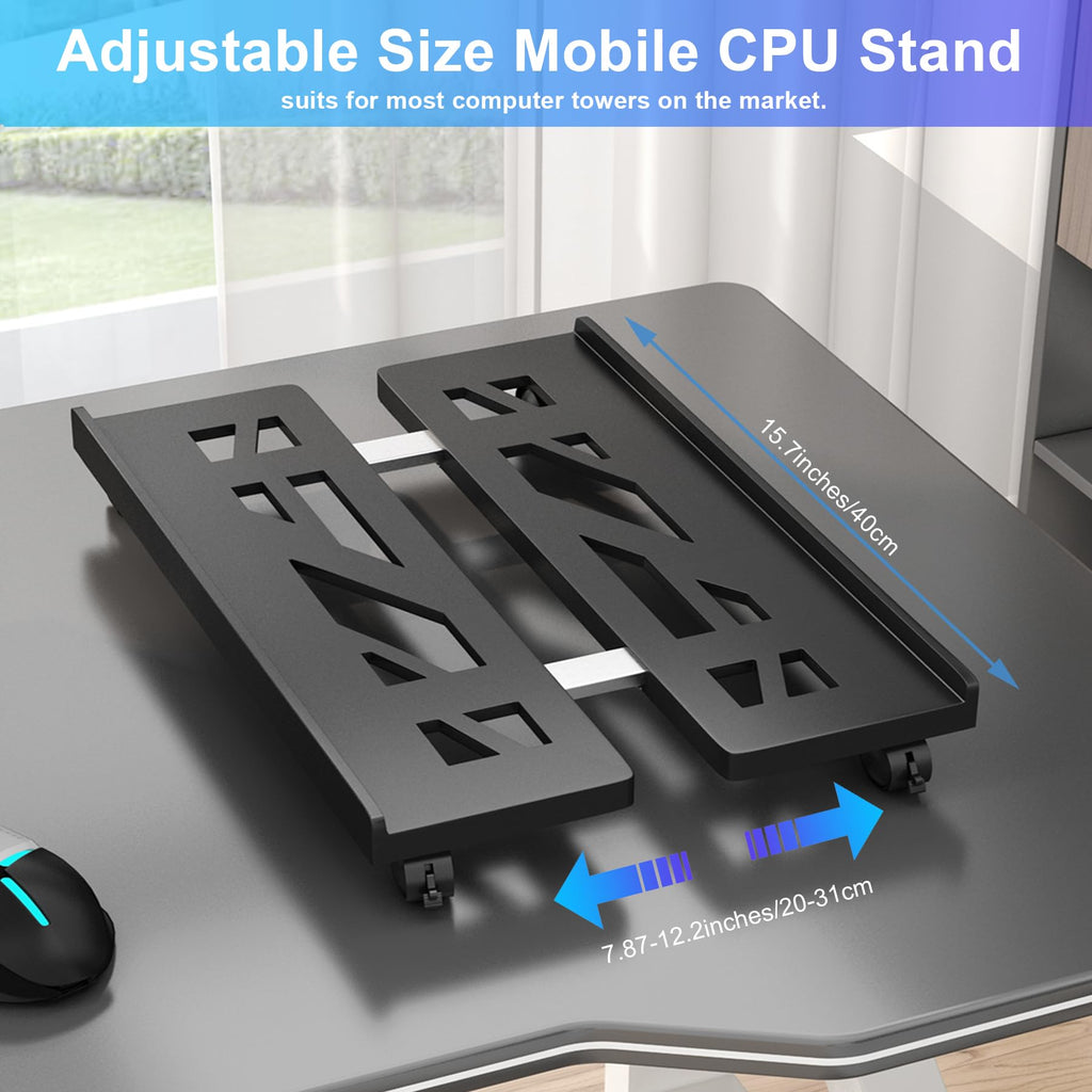Computer Tower Stand, CPU Stand Adjustable Mobile Cart Holder, Desktop Stand with Rolling Locking Caster Wheels, PC Tower Stand Holder for Floor Carpet Gaming PC Case, Home Office - Black
