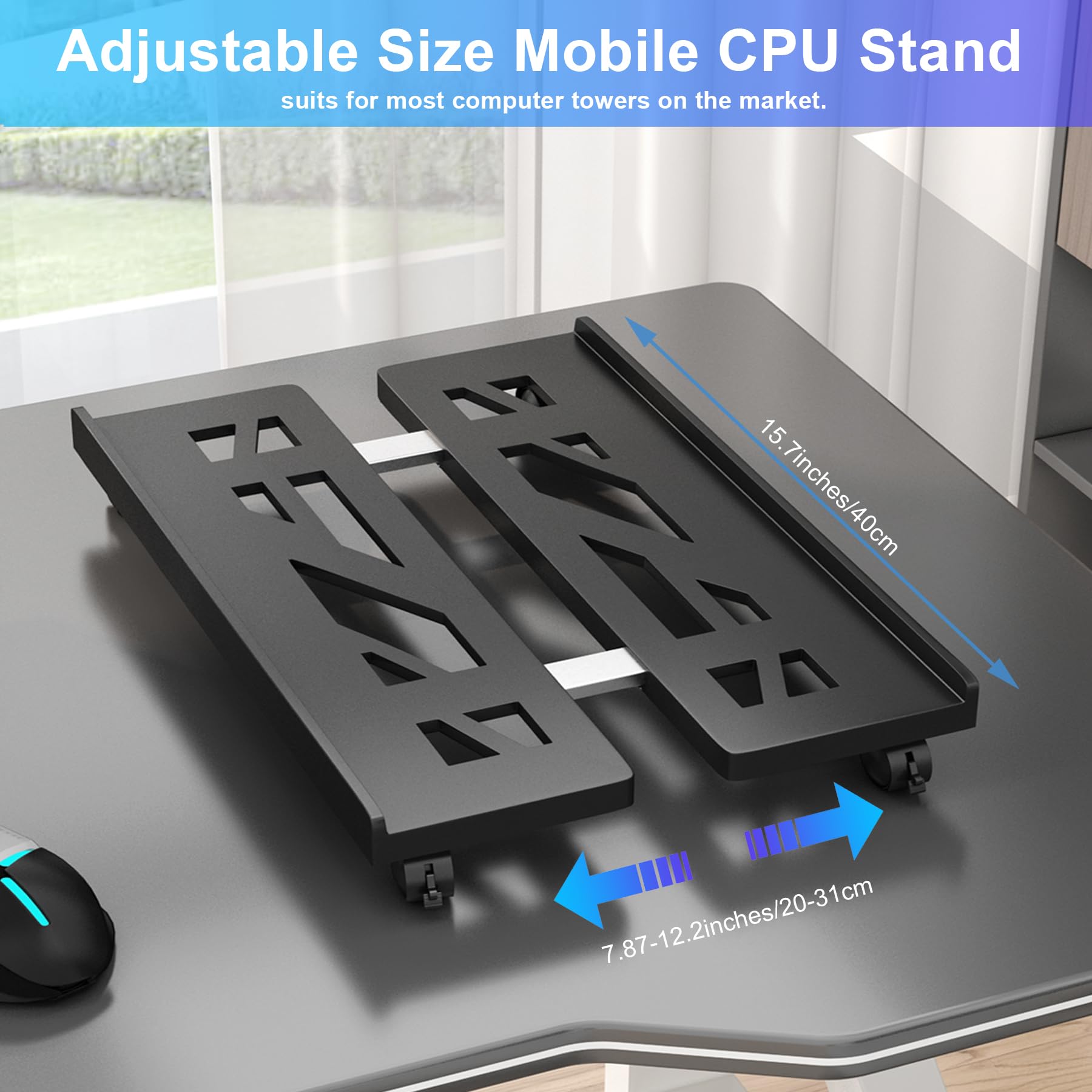 Computer Tower Stand, CPU Stand Adjustable Mobile Cart Holder, Desktop Stand with Rolling Locking Caster Wheels, PC Tower Stand Holder for Floor Carpet Gaming PC Case, Home Office - Black