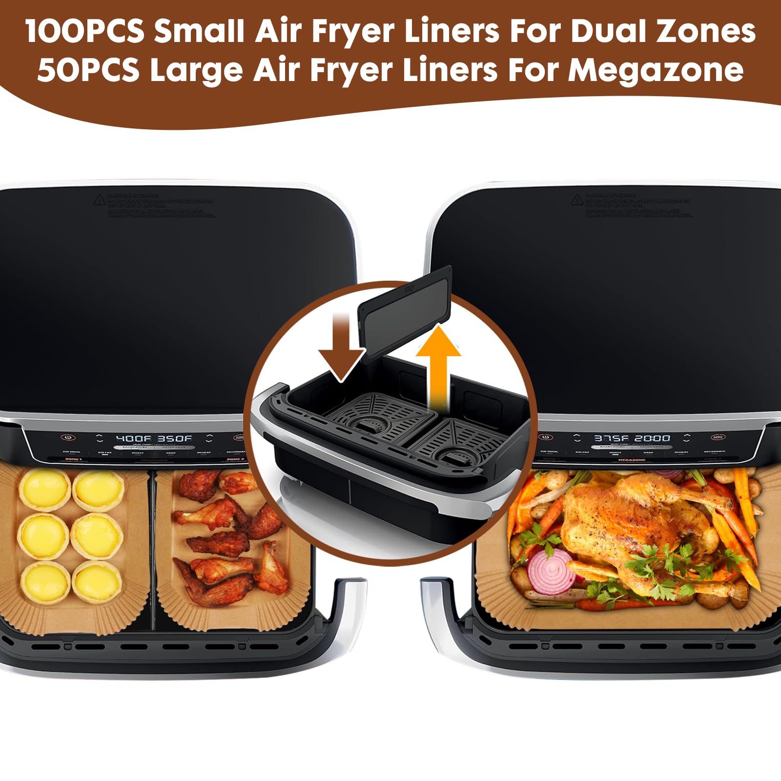Eslotre Air Fryer Liners Disposable 150Pcs for Ninja Foodi DZ071 7-Qt/11-Qt/Instant 9 Qt Dualzone Flex Basket, 100Pcs Small Liners for Dualzone Flexbasket & 50Pcs Parchment Paper
